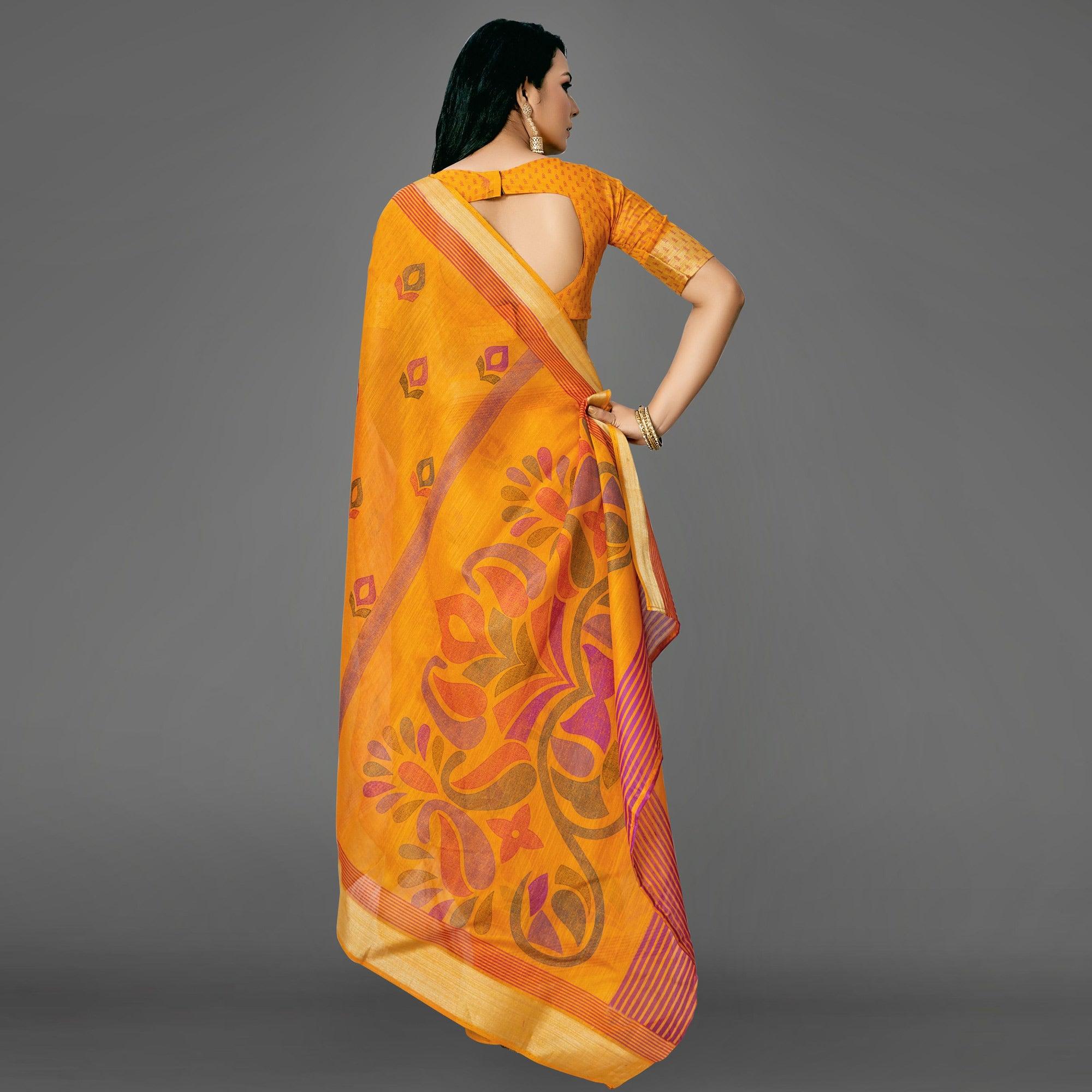 Mustard Casual Cotton Printed Saree With Unstitched Blouse - Peachmode