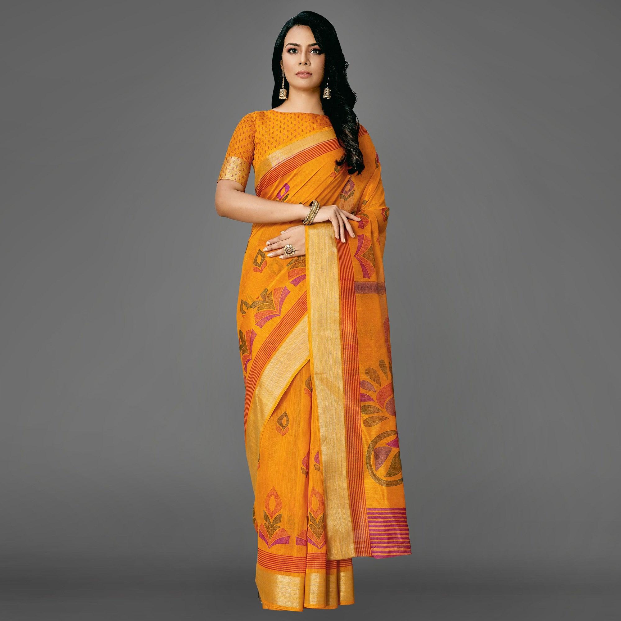 Mustard Casual Cotton Printed Saree With Unstitched Blouse - Peachmode