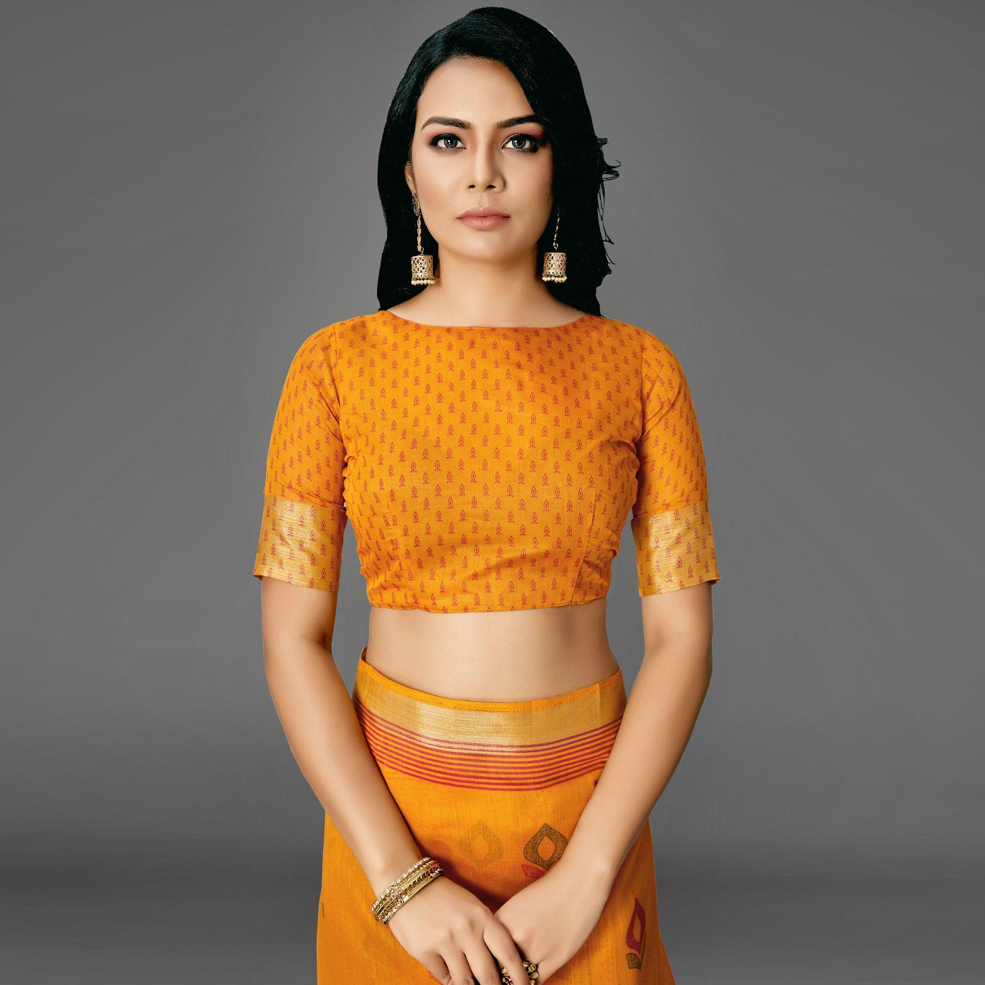 Mustard Casual Cotton Printed Saree With Unstitched Blouse - Peachmode