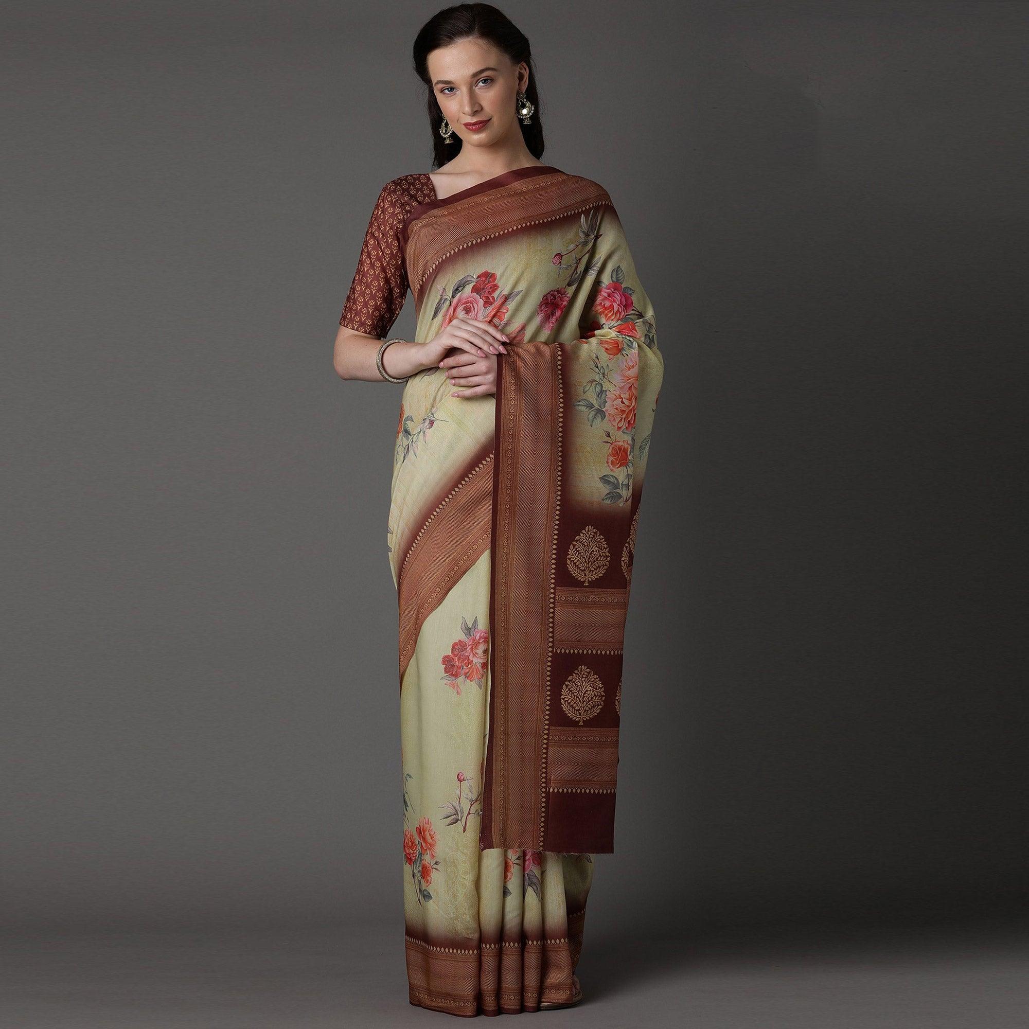 Mustard Casual Cotton Silk Printed Saree With Unstitched Blouse - Peachmode
