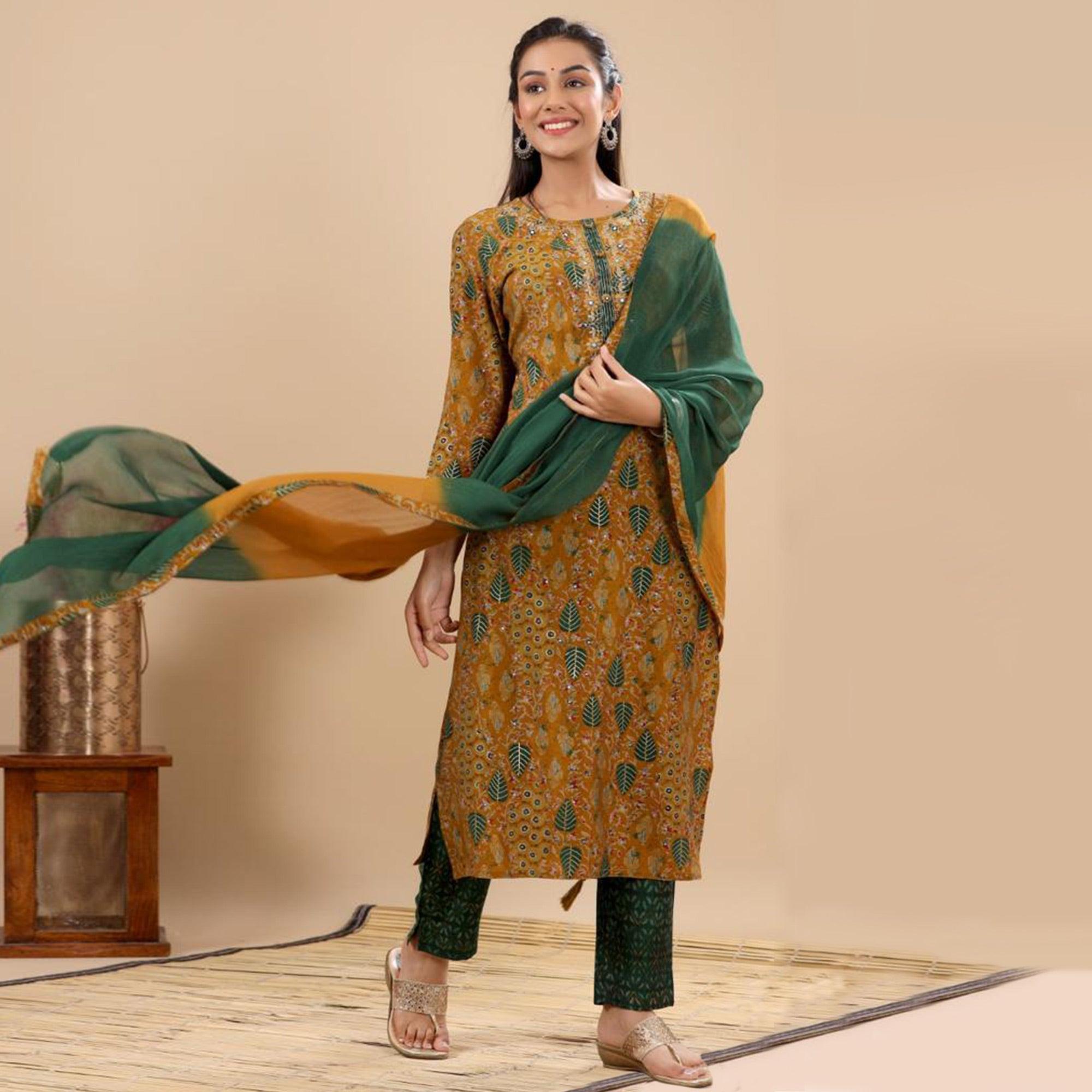 Mustard Casual Printed Cotton Kurti Pant Set With Dupatta