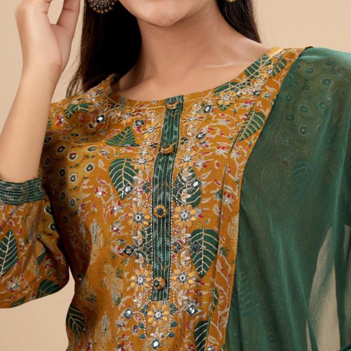 Mustard Casual Printed Cotton Kurti Pant Set With Dupatta - Peachmode