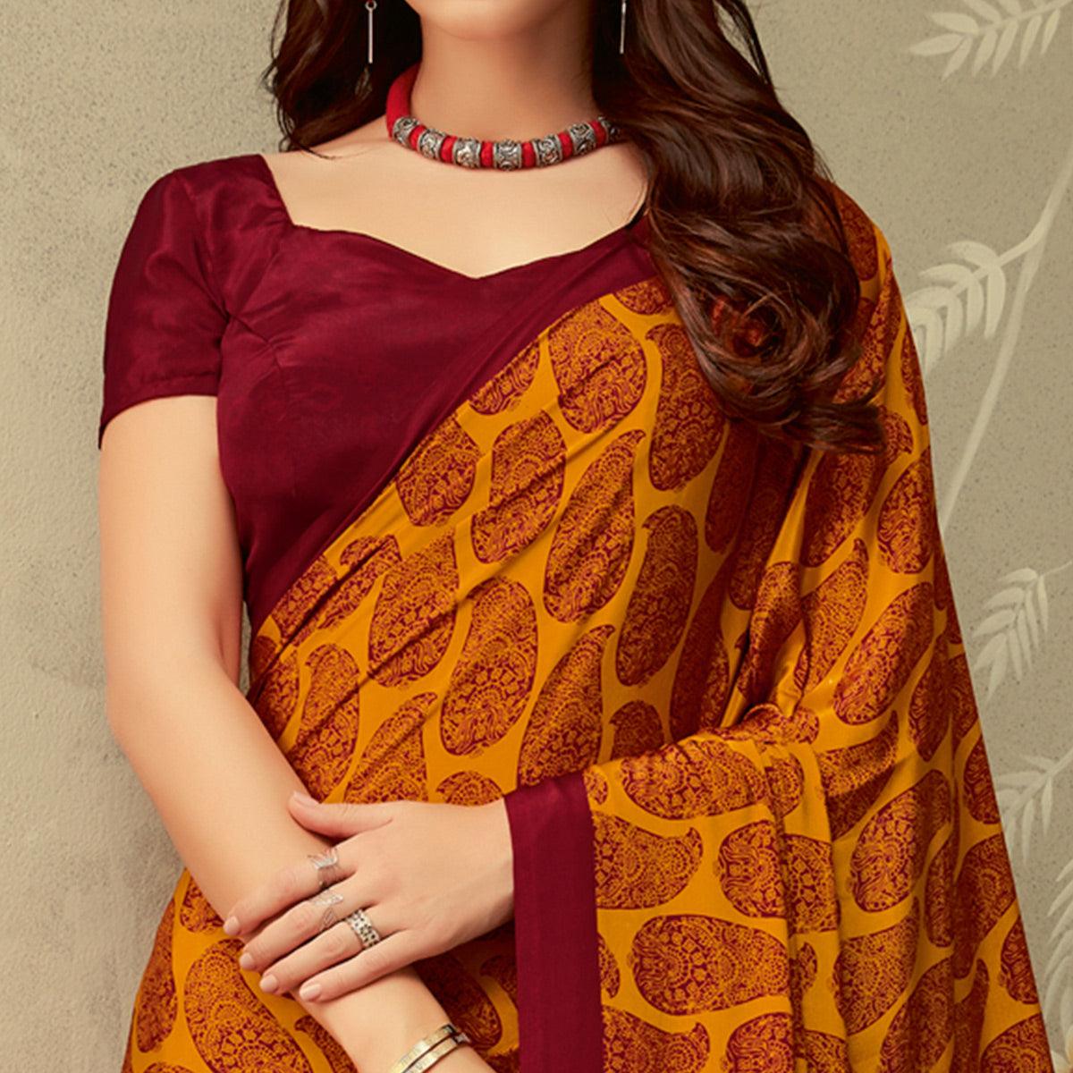 Mustard Casual Printed Crepe Saree - Peachmode