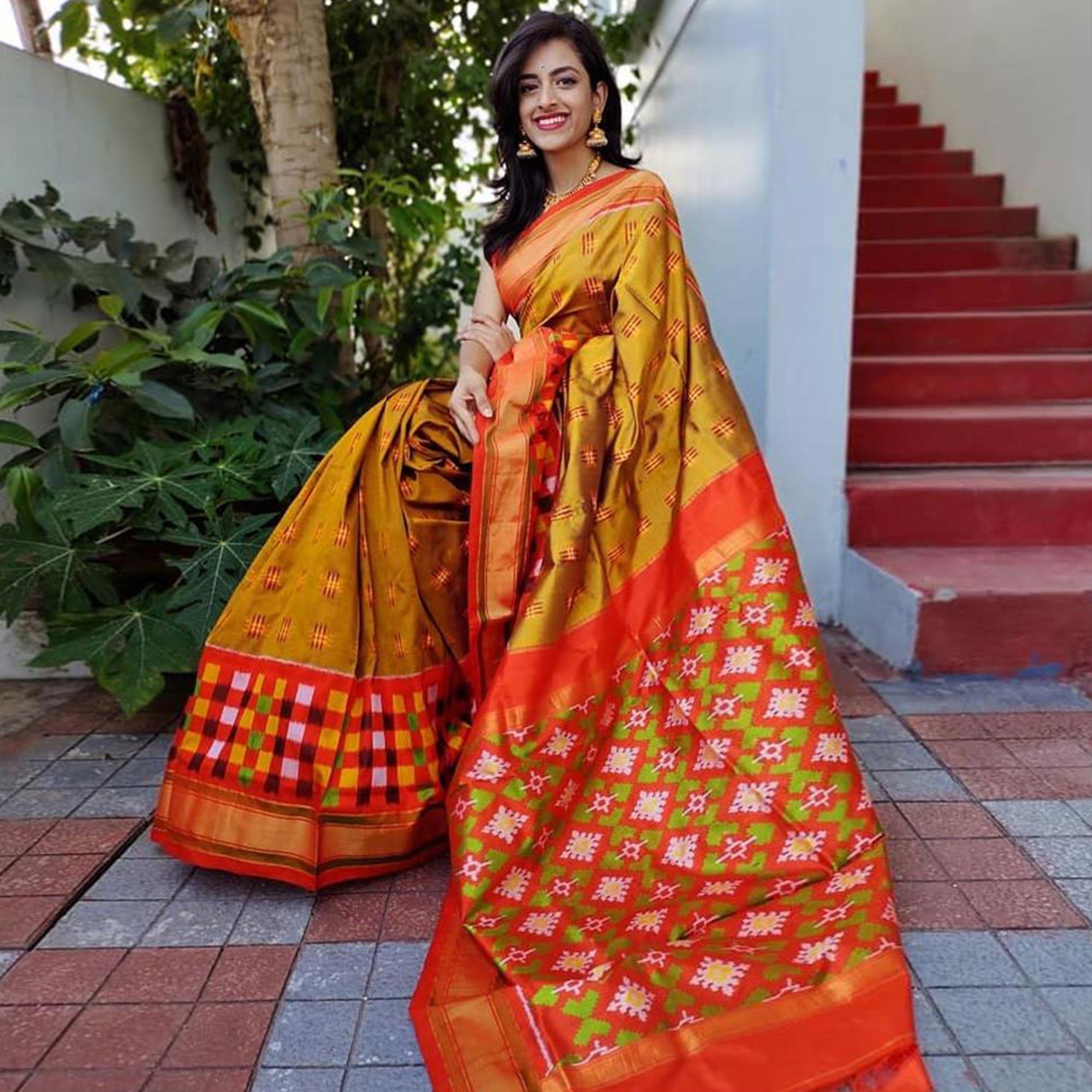 Mustard Casual Wear Designer Hand Block Printed Cotton Linen Saree - Peachmode