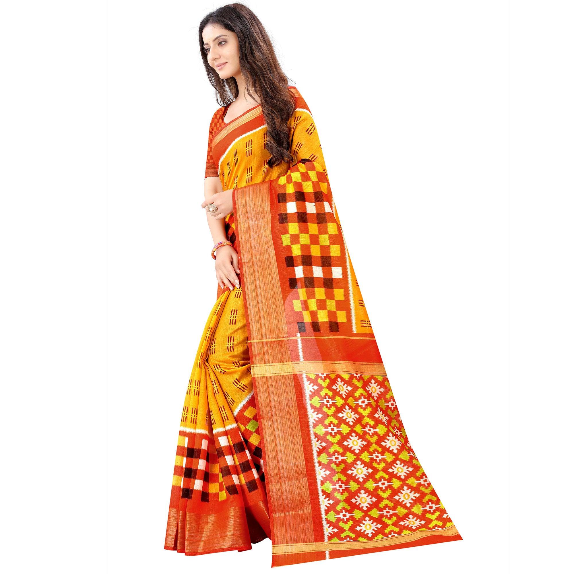 Mustard Casual Wear Designer Hand Block Printed Cotton Linen Saree - Peachmode