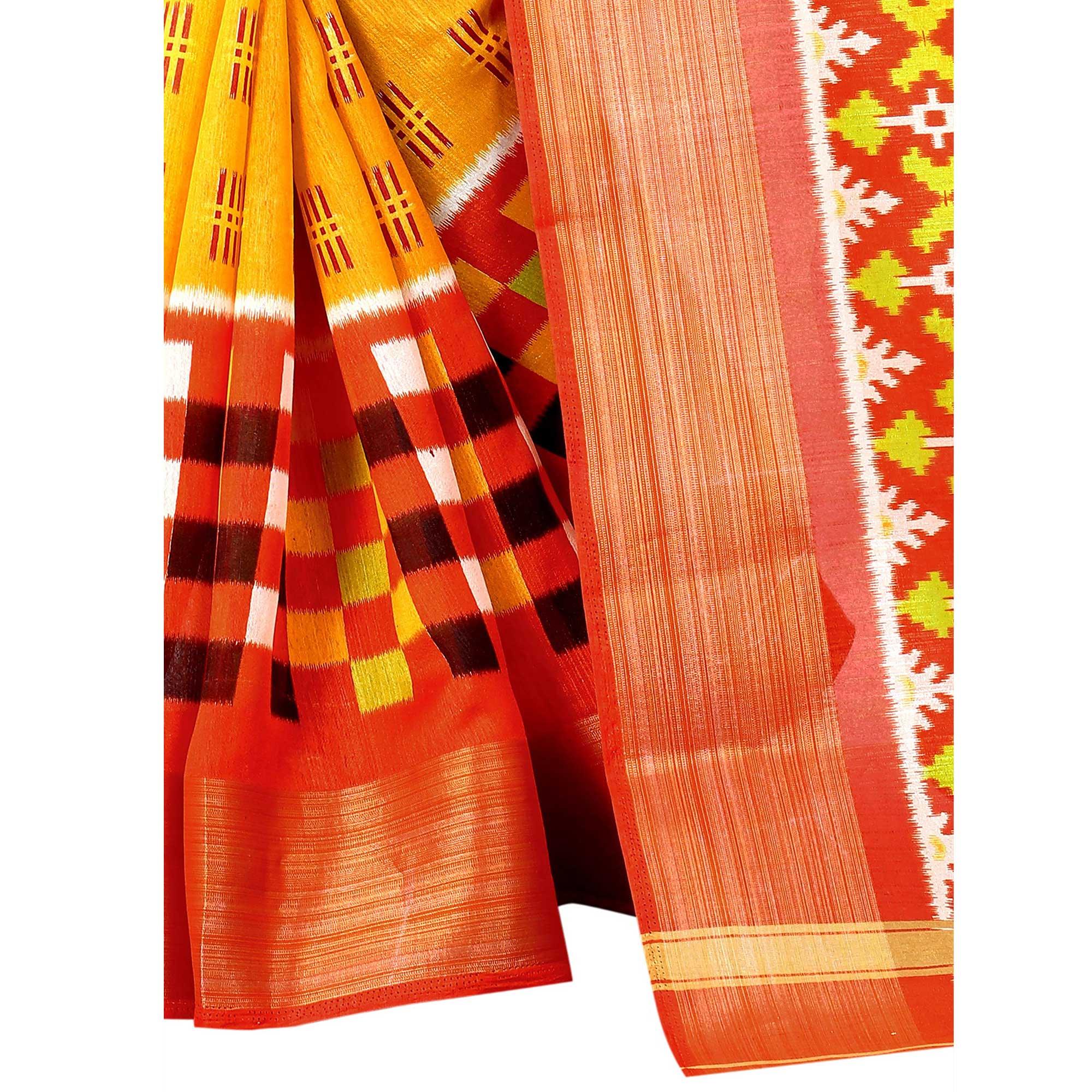 Mustard Casual Wear Designer Hand Block Printed Cotton Linen Saree - Peachmode