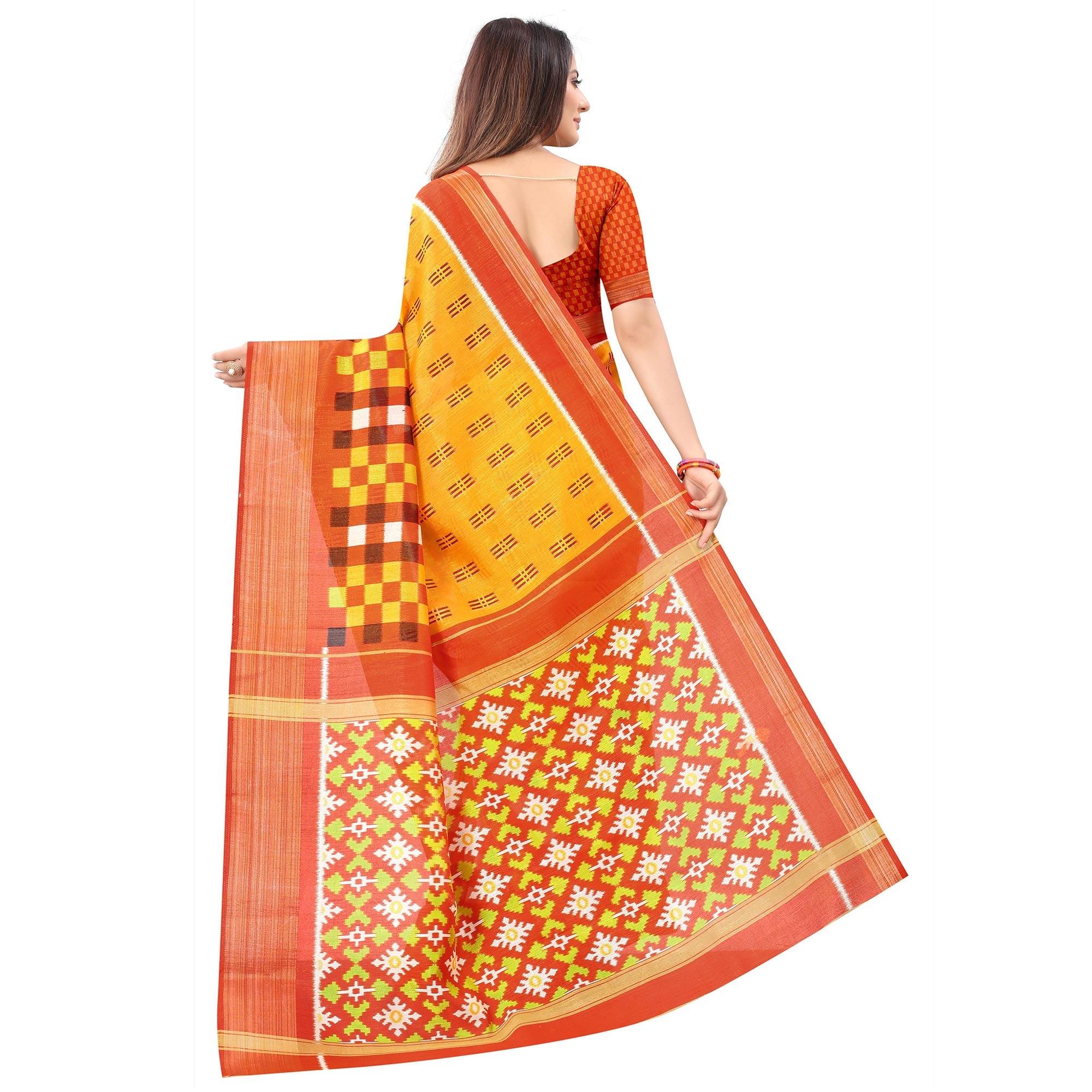 Mustard Casual Wear Designer Hand Block Printed Cotton Linen Saree - Peachmode