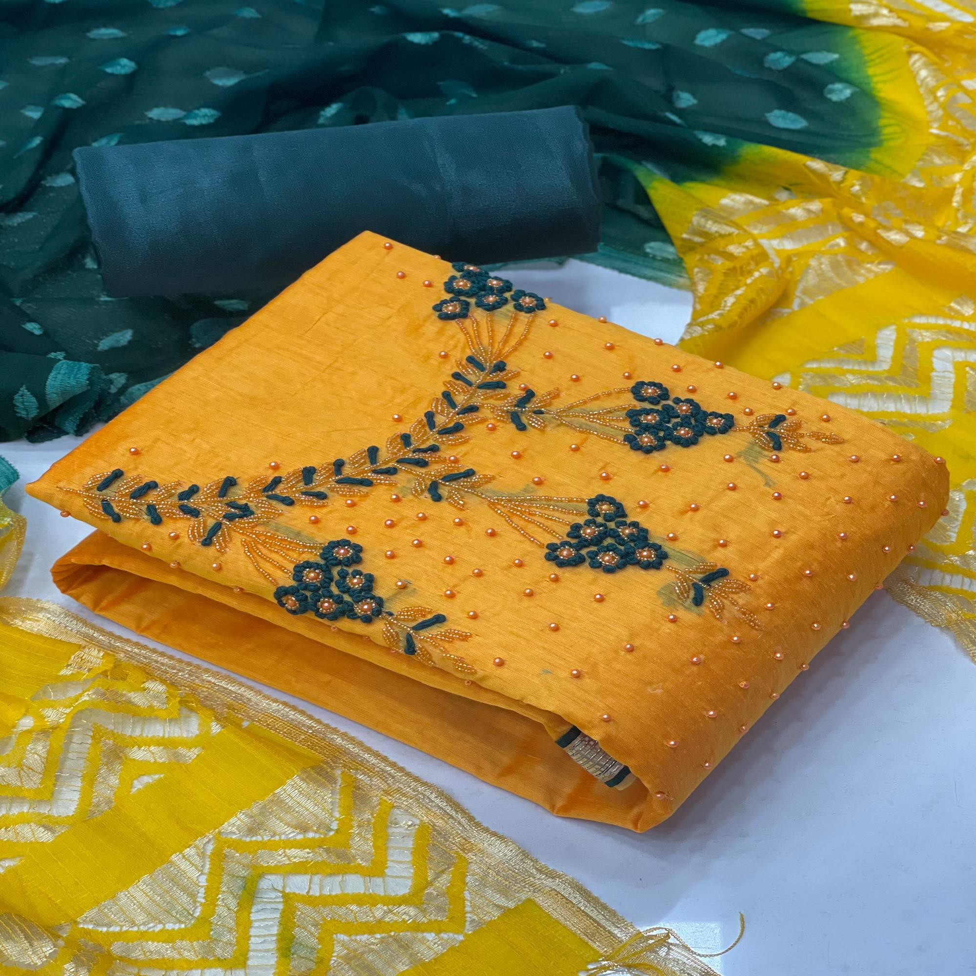 Mustard Casual Wear Embellished With Embroidered Modal Silk Dress Material - Peachmode