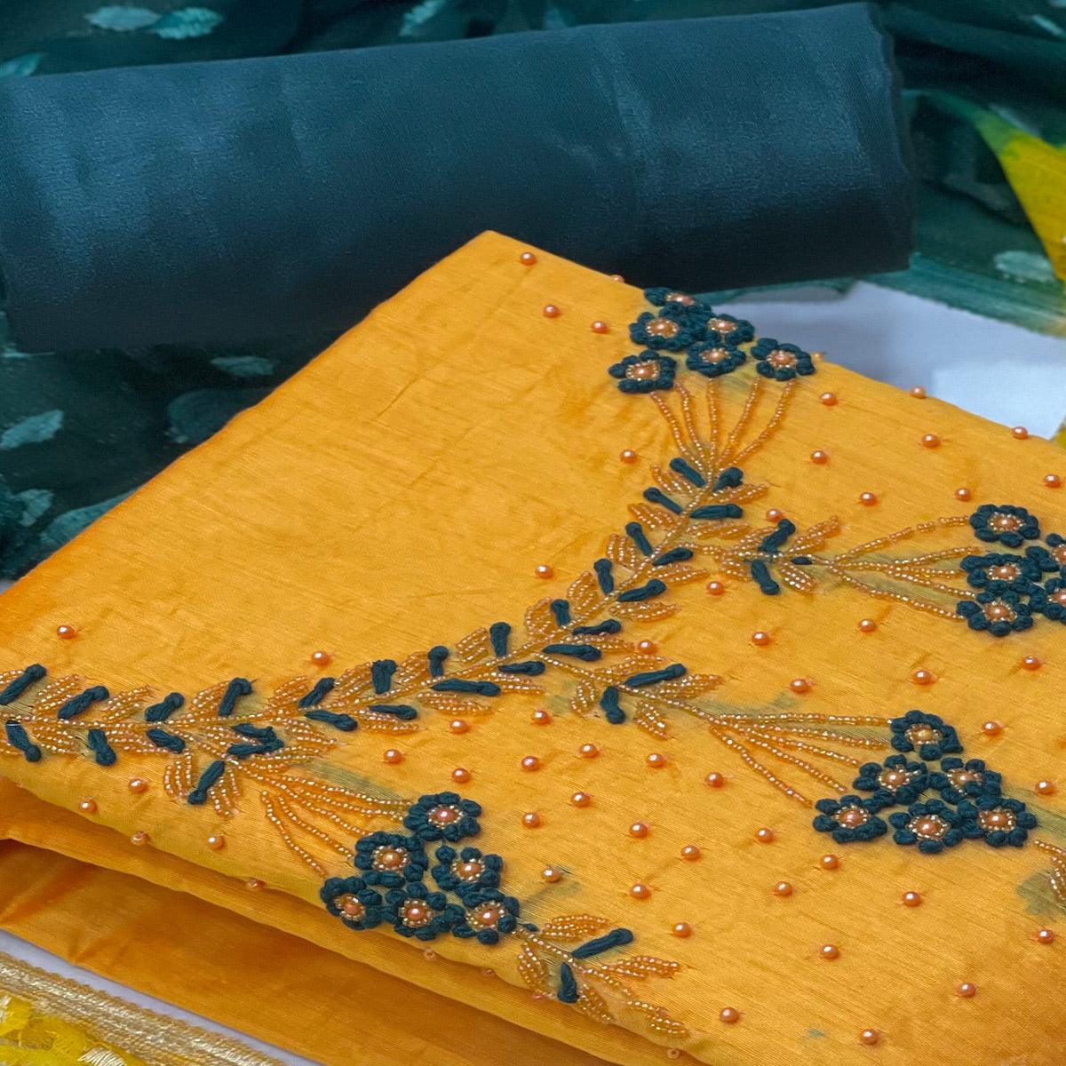 Mustard Casual Wear Embellished With Embroidered Modal Silk Dress Material - Peachmode
