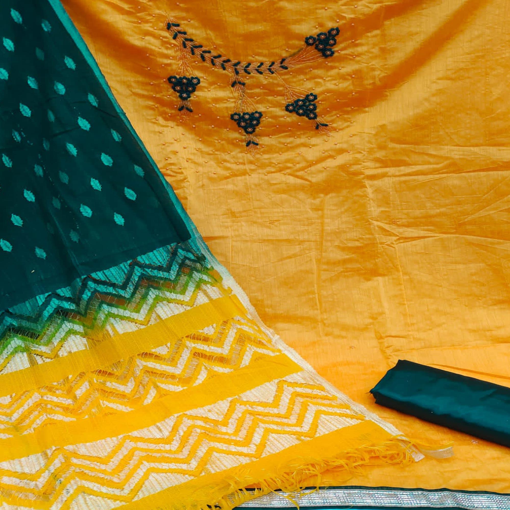 Mustard Casual Wear Embellished With Embroidered Modal Silk Dress Material - Peachmode