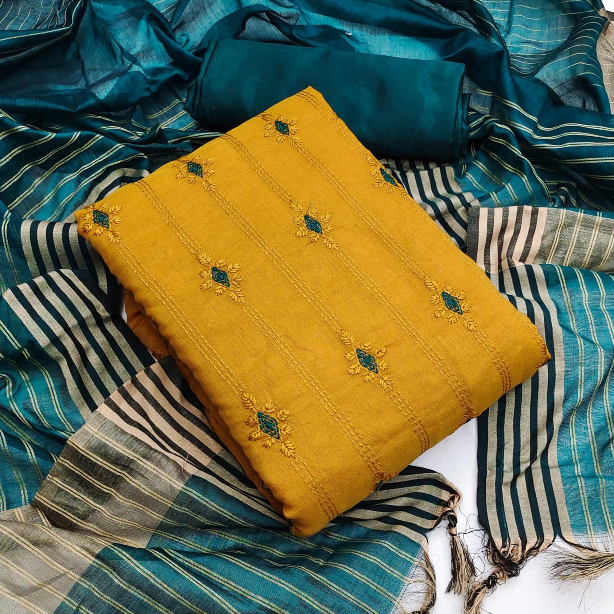 Mustard Casual Wear Embroidered Chanderi Dress Material - Peachmode