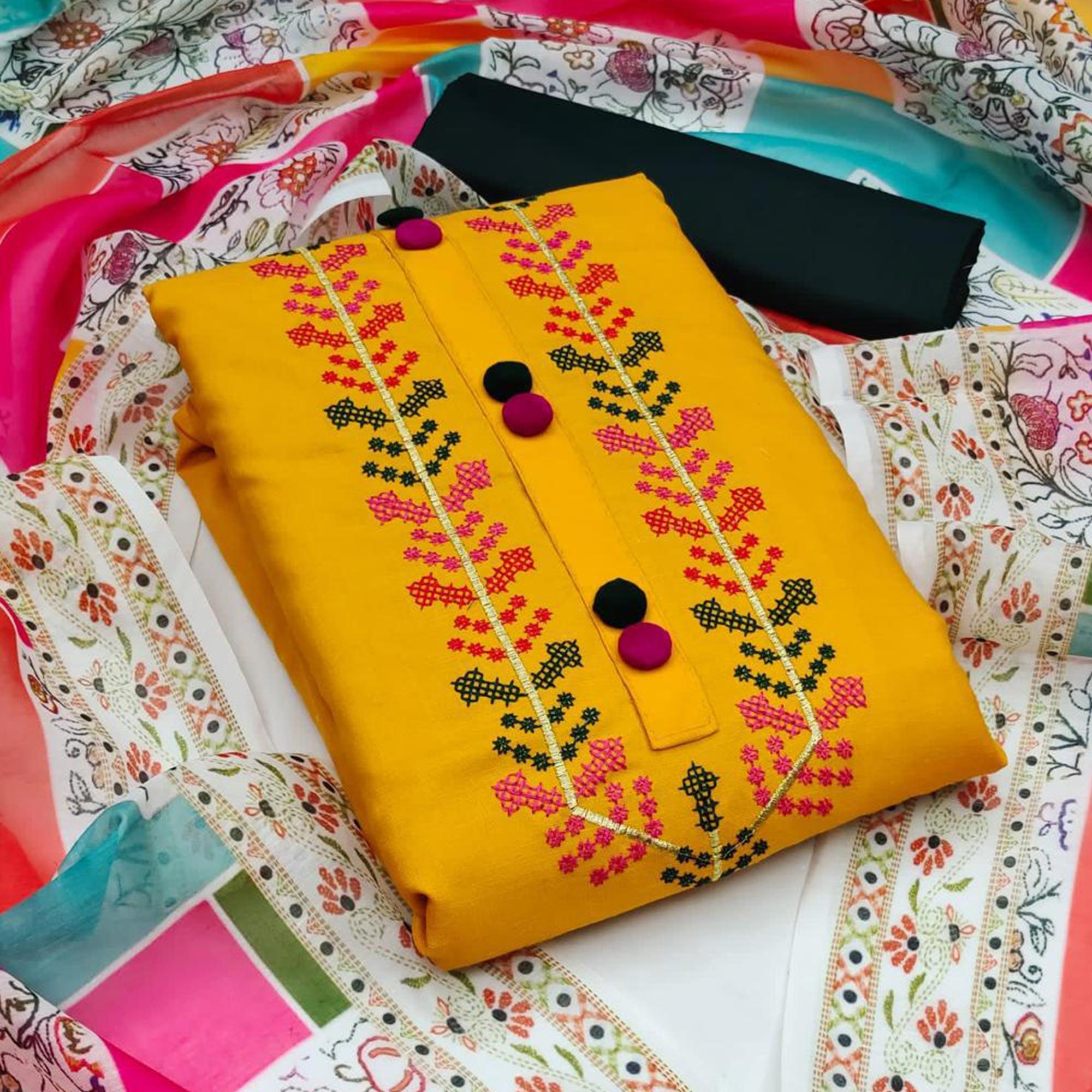 Mustard Casual Wear Embroidered Cotton Dress Material - Peachmode