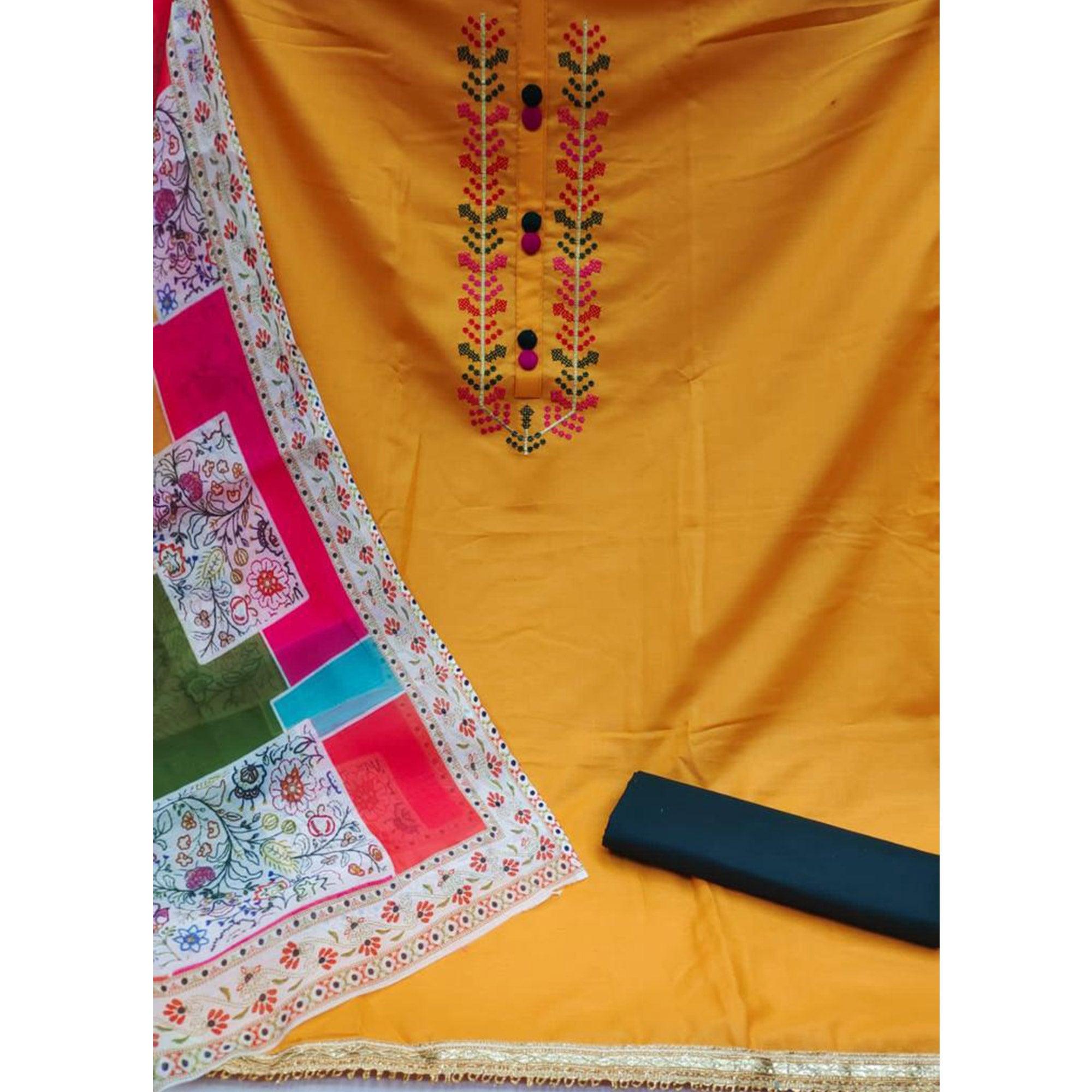 Mustard Casual Wear Embroidered Cotton Dress Material - Peachmode