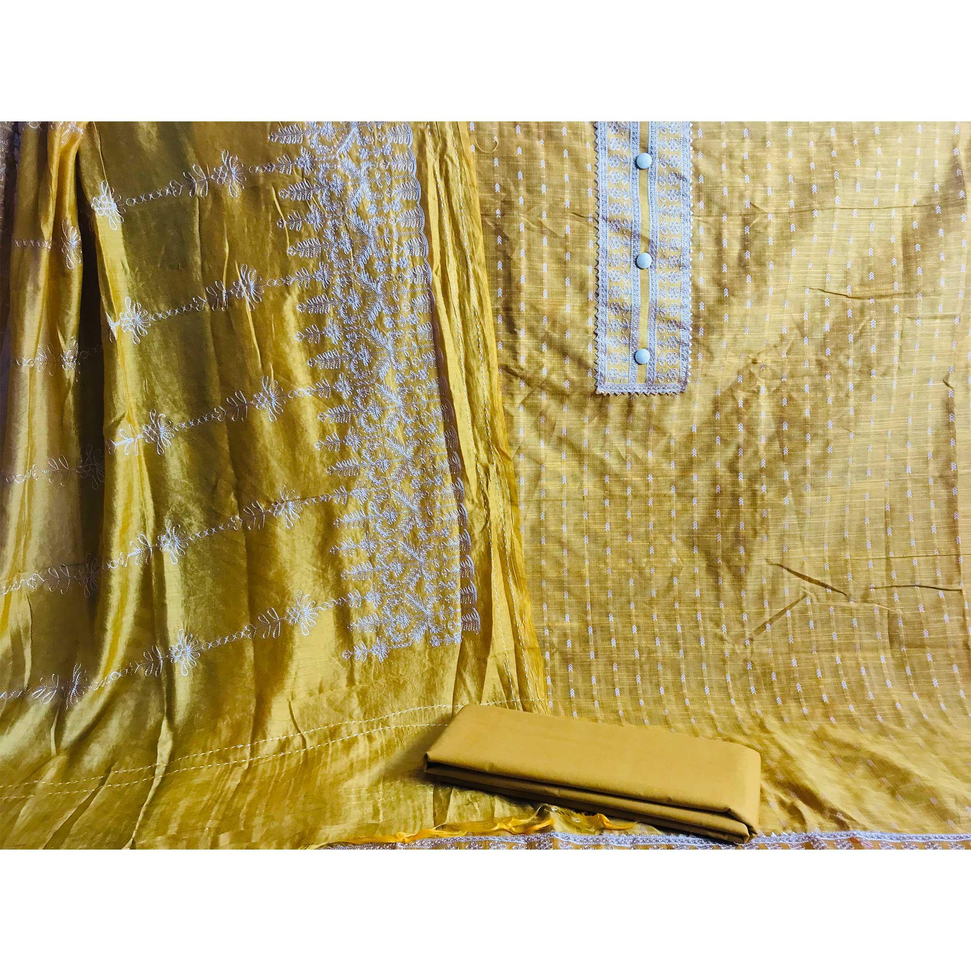 Mustard Casual Wear Embroidered Cotton Dress Material - Peachmode