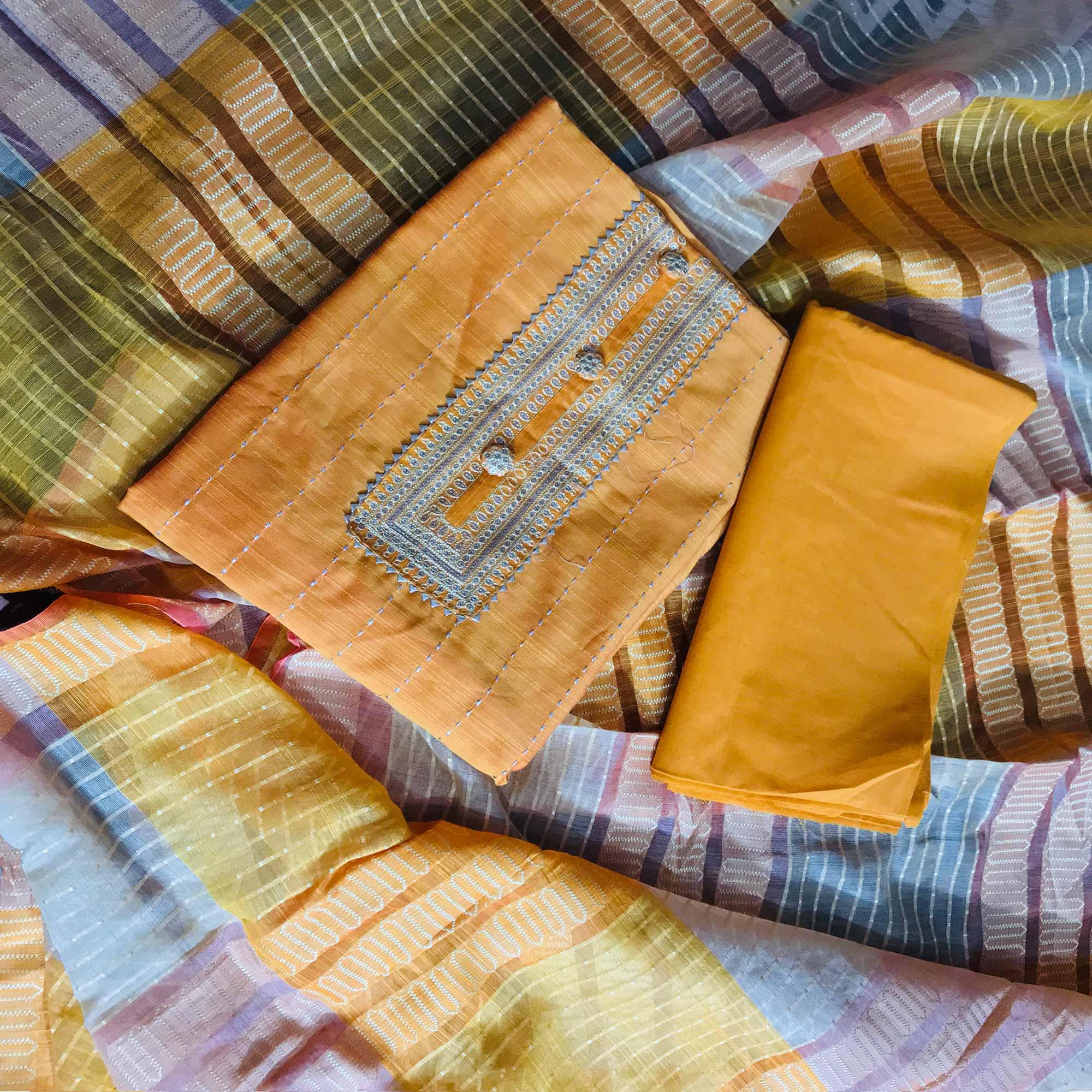 Mustard Casual Wear Embroidered Cotton Silk Dress Material - Peachmode