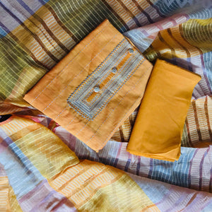 Mustard Casual Wear Embroidered Cotton Silk Dress Material - Peachmode