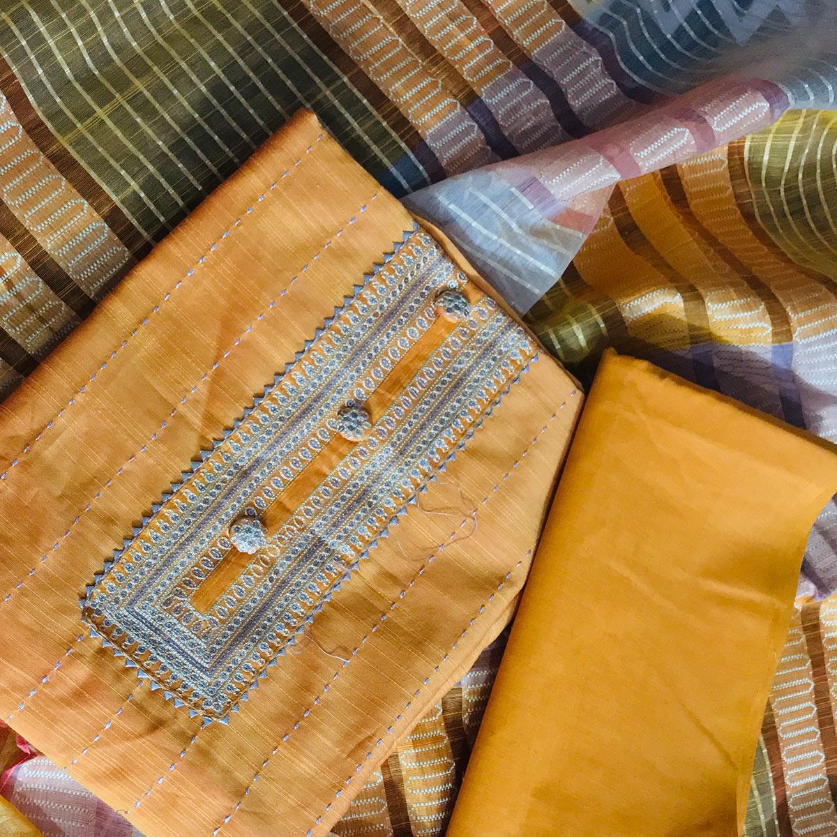 Mustard Casual Wear Embroidered Cotton Silk Dress Material - Peachmode