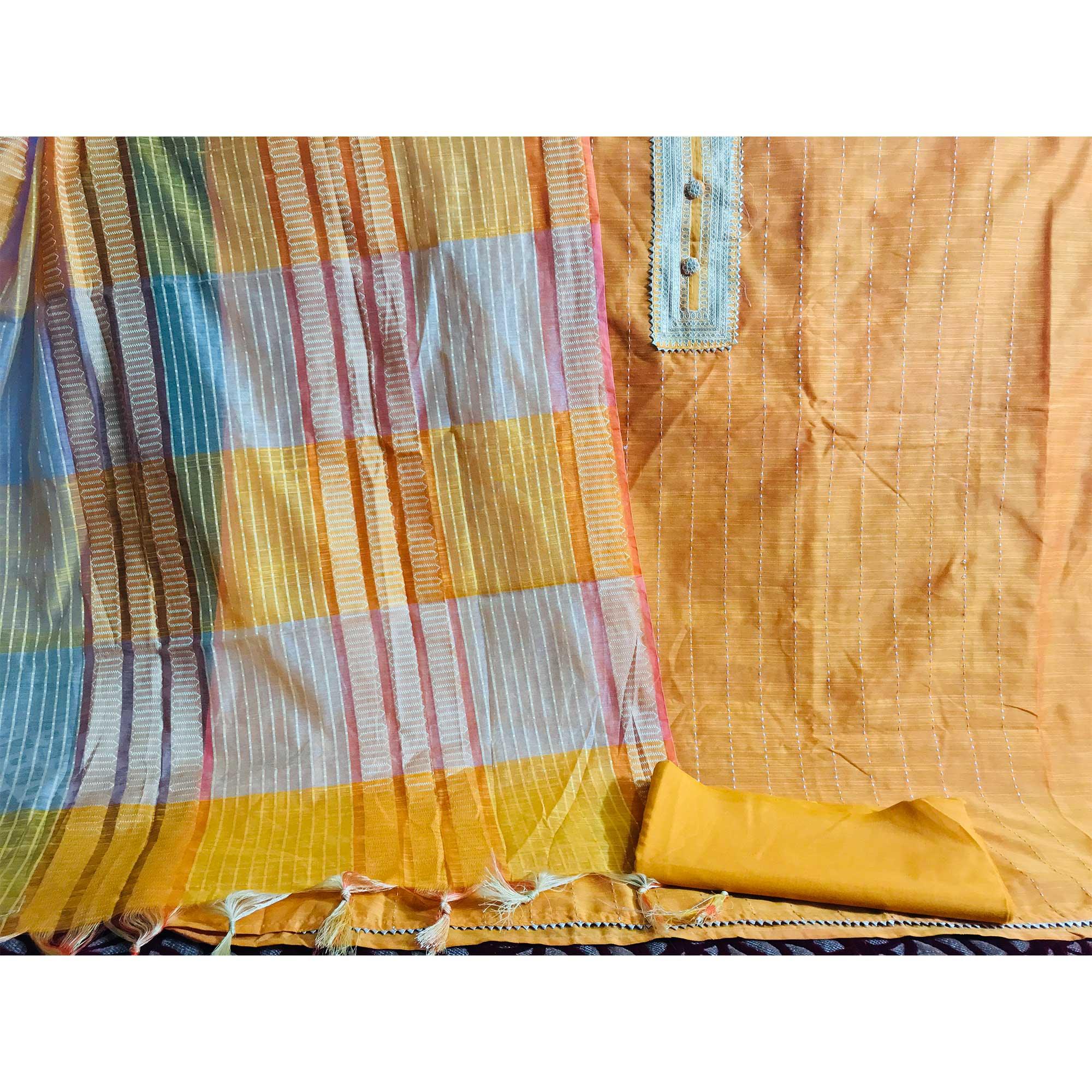 Mustard Casual Wear Embroidered Cotton Silk Dress Material - Peachmode