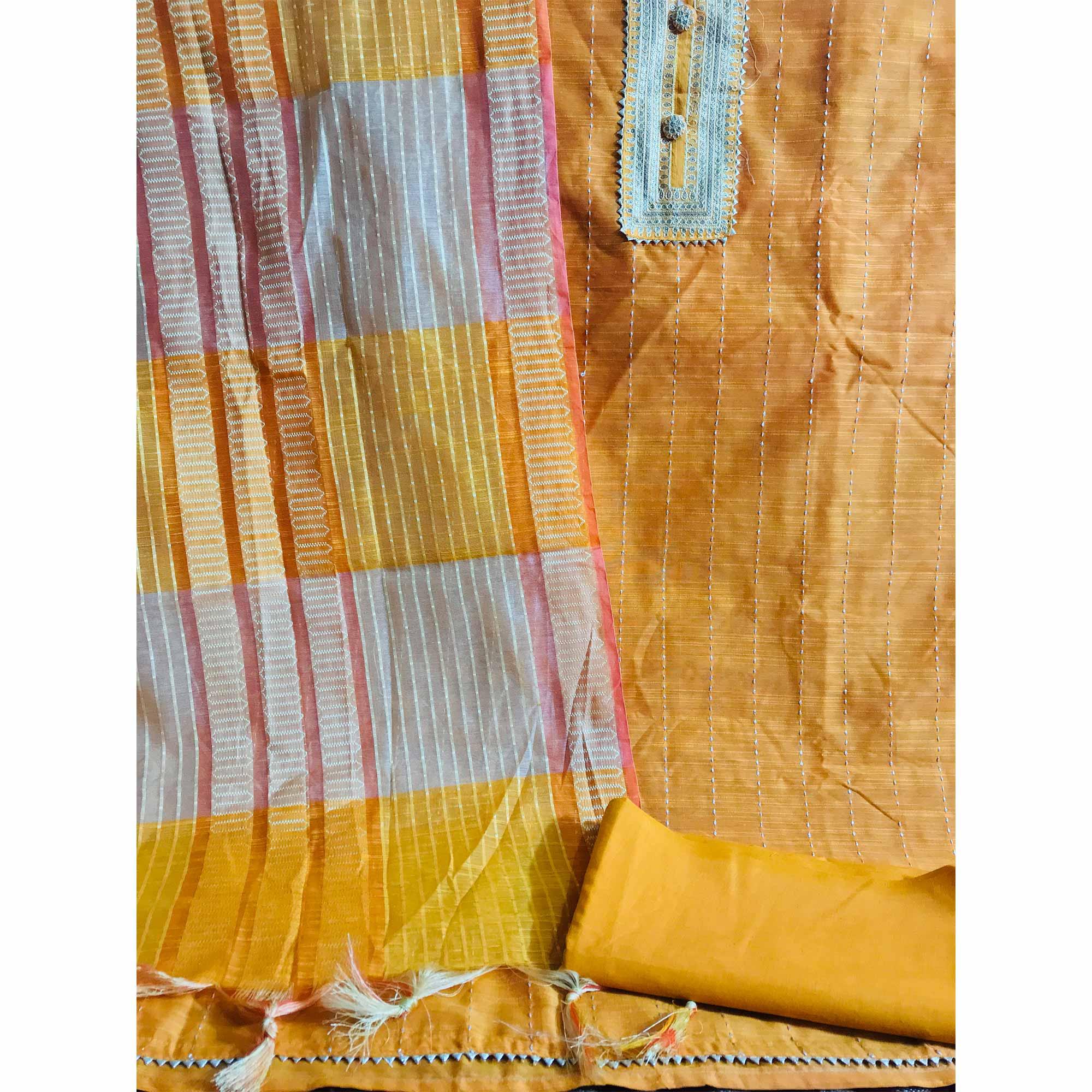 Mustard Casual Wear Embroidered Cotton Silk Dress Material - Peachmode