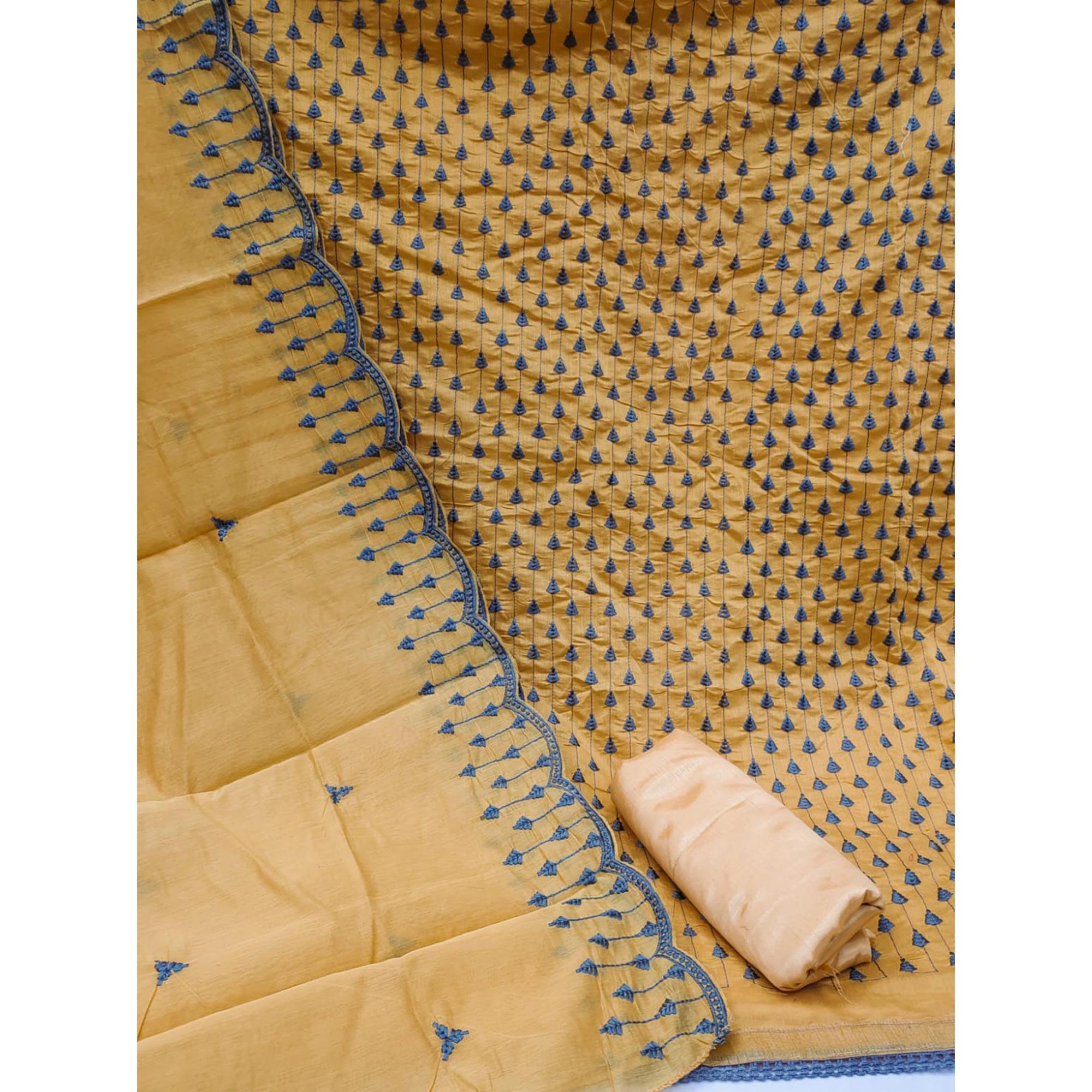 Mustard Casual Wear Embroidered Modal Chanderi Dress Material - Peachmode
