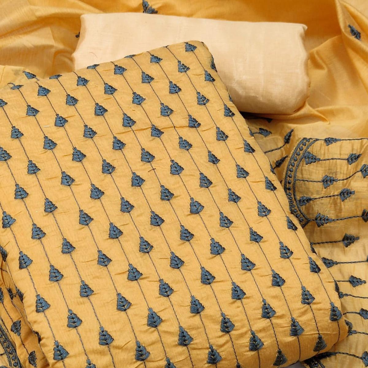 Mustard Casual Wear Embroidered Modal Chanderi Dress Material - Peachmode
