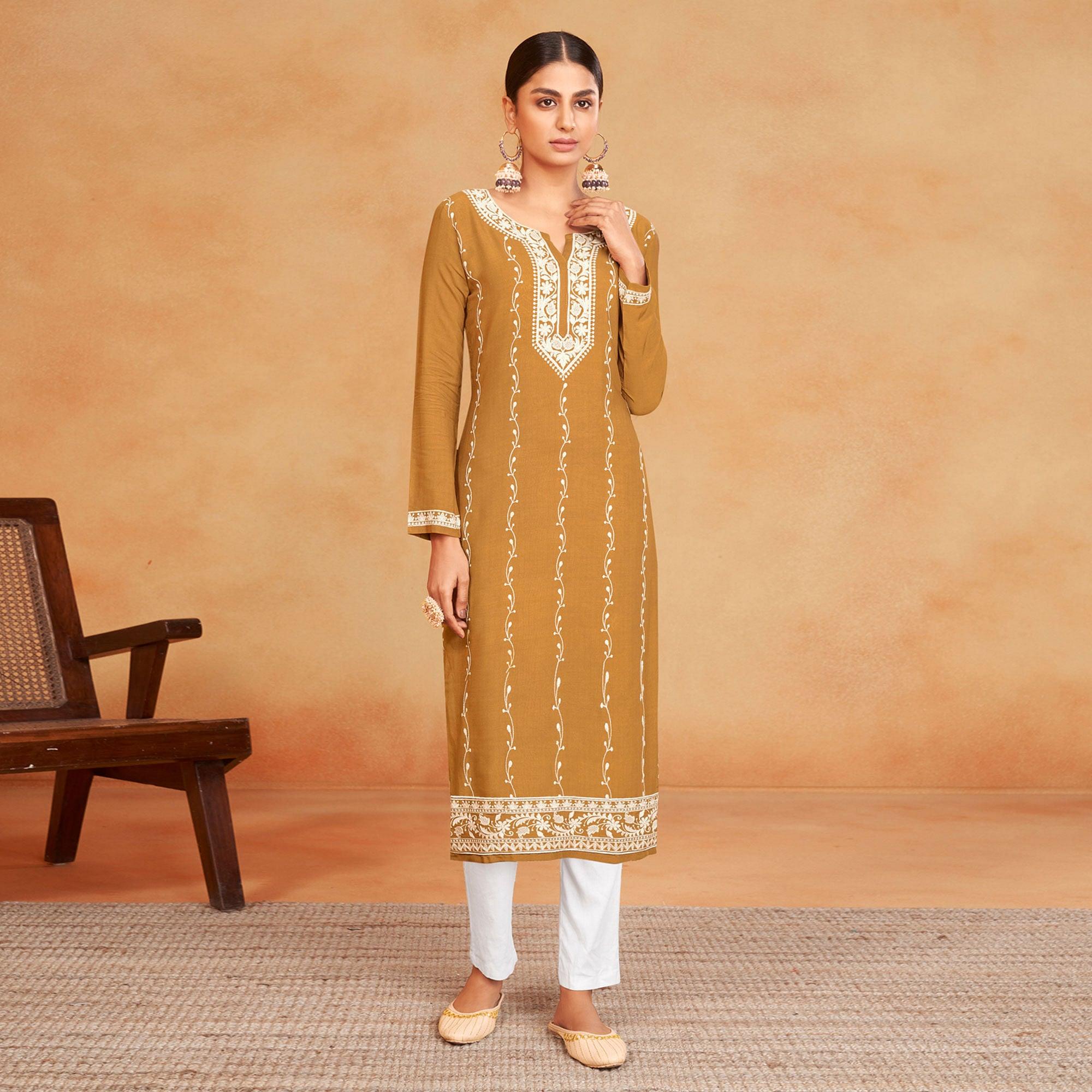 Mustard Casual Wear Embroidered Pure Rayon Viscose Kurti - Peachmode