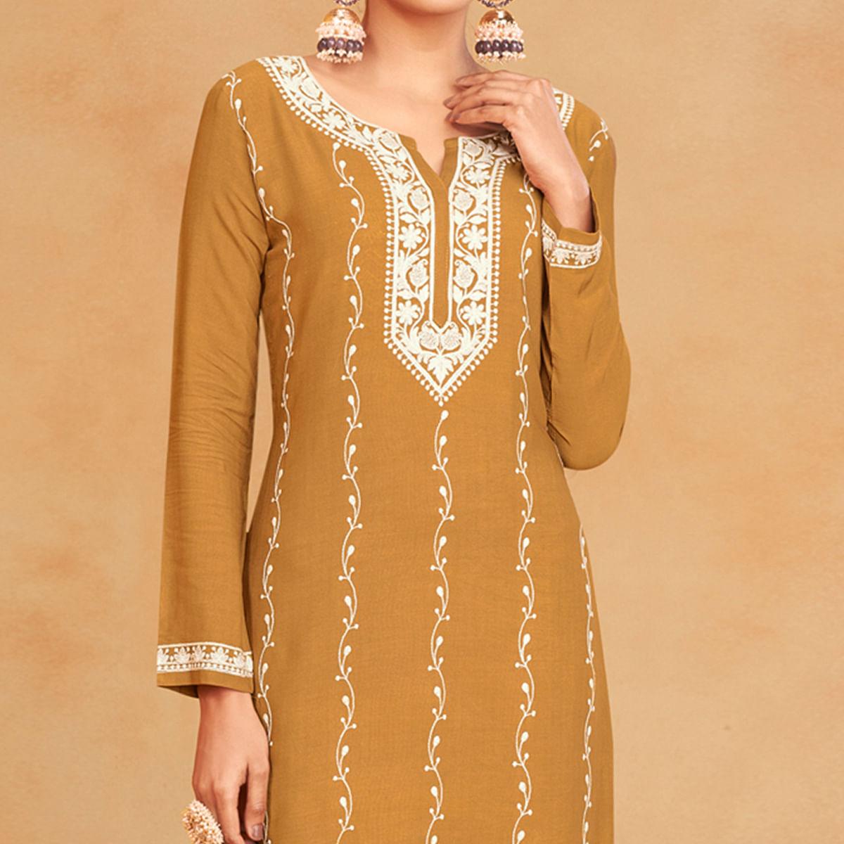 Mustard Casual Wear Embroidered Pure Rayon Viscose Kurti - Peachmode