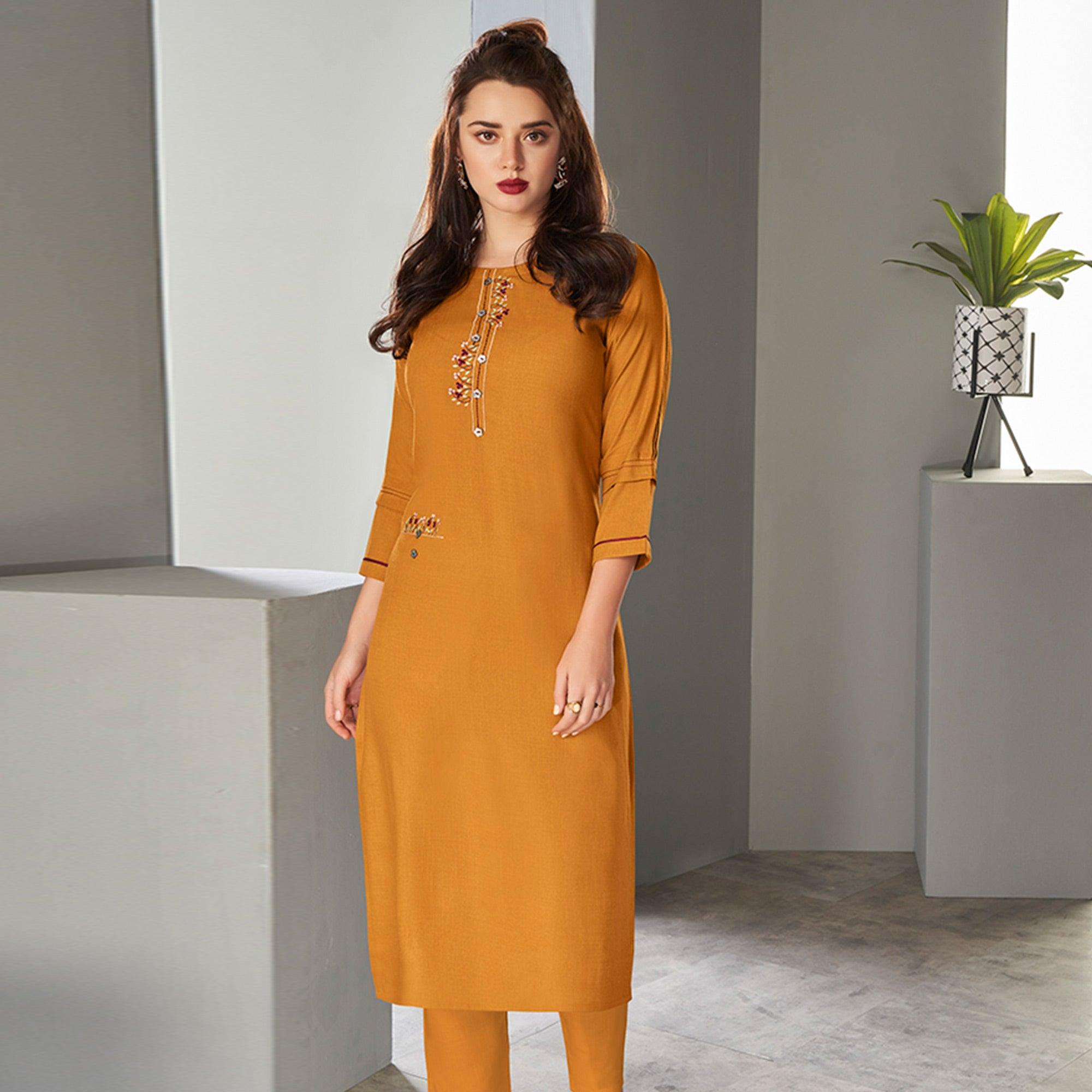 Mustard Casual Wear Embroidered Pure Viscose Kurti - Peachmode