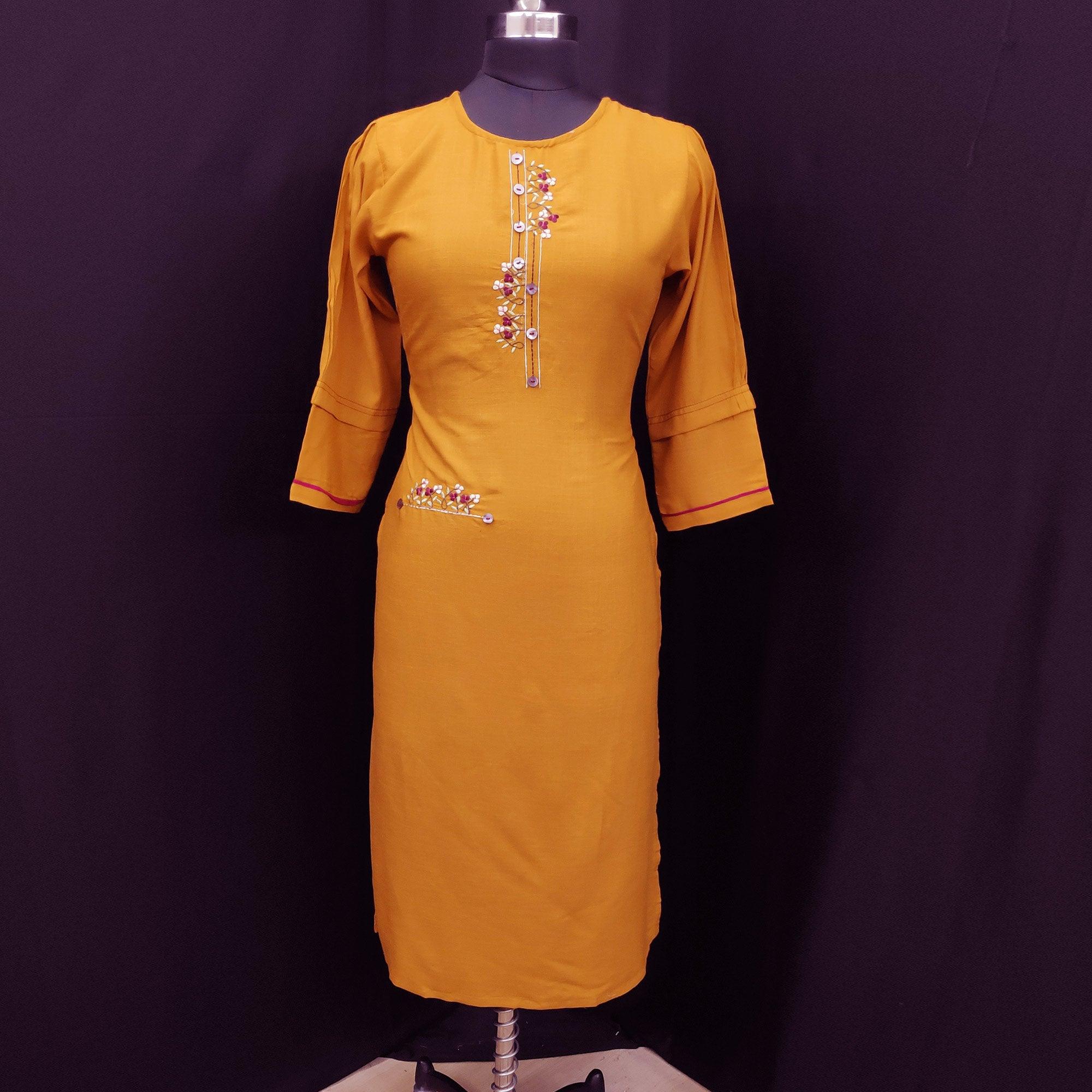 Mustard Casual Wear Embroidered Pure Viscose Kurti - Peachmode