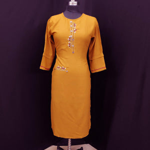 Mustard Casual Wear Embroidered Pure Viscose Kurti - Peachmode