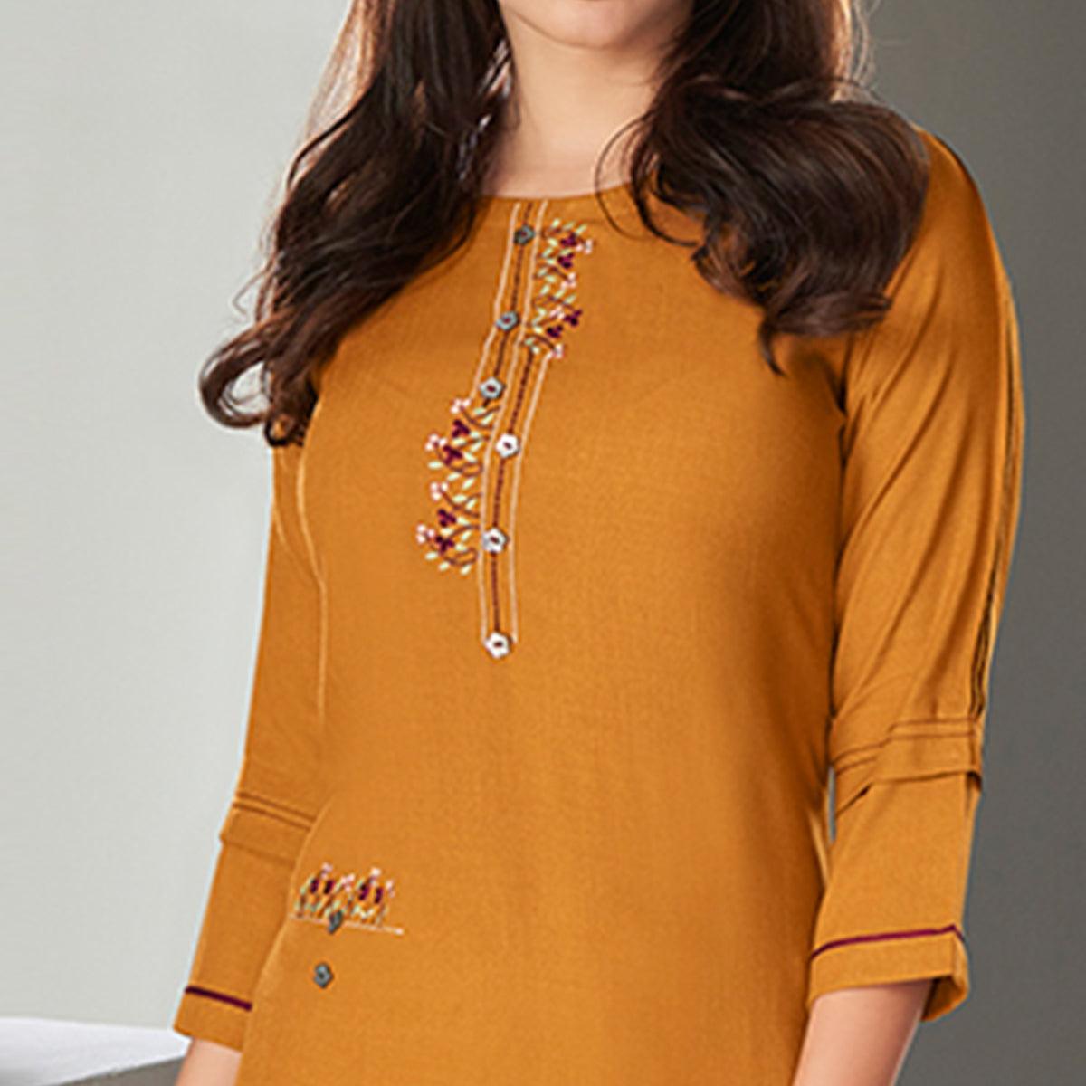 Mustard Casual Wear Embroidered Pure Viscose Kurti - Peachmode