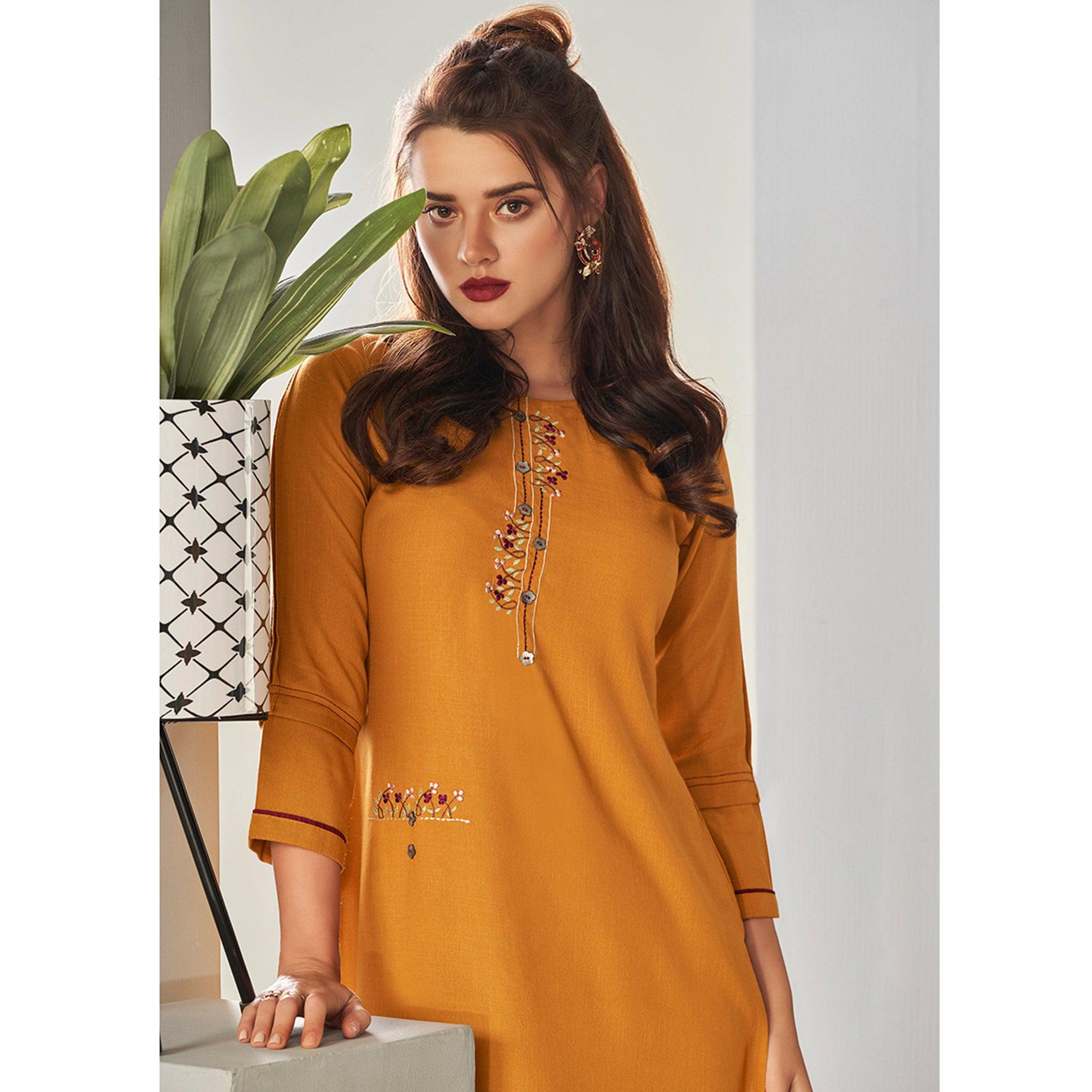 Mustard Casual Wear Embroidered Pure Viscose Kurti - Peachmode