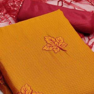 Mustard Casual Wear Embroidery With Kota Checks Dress Material - Peachmode