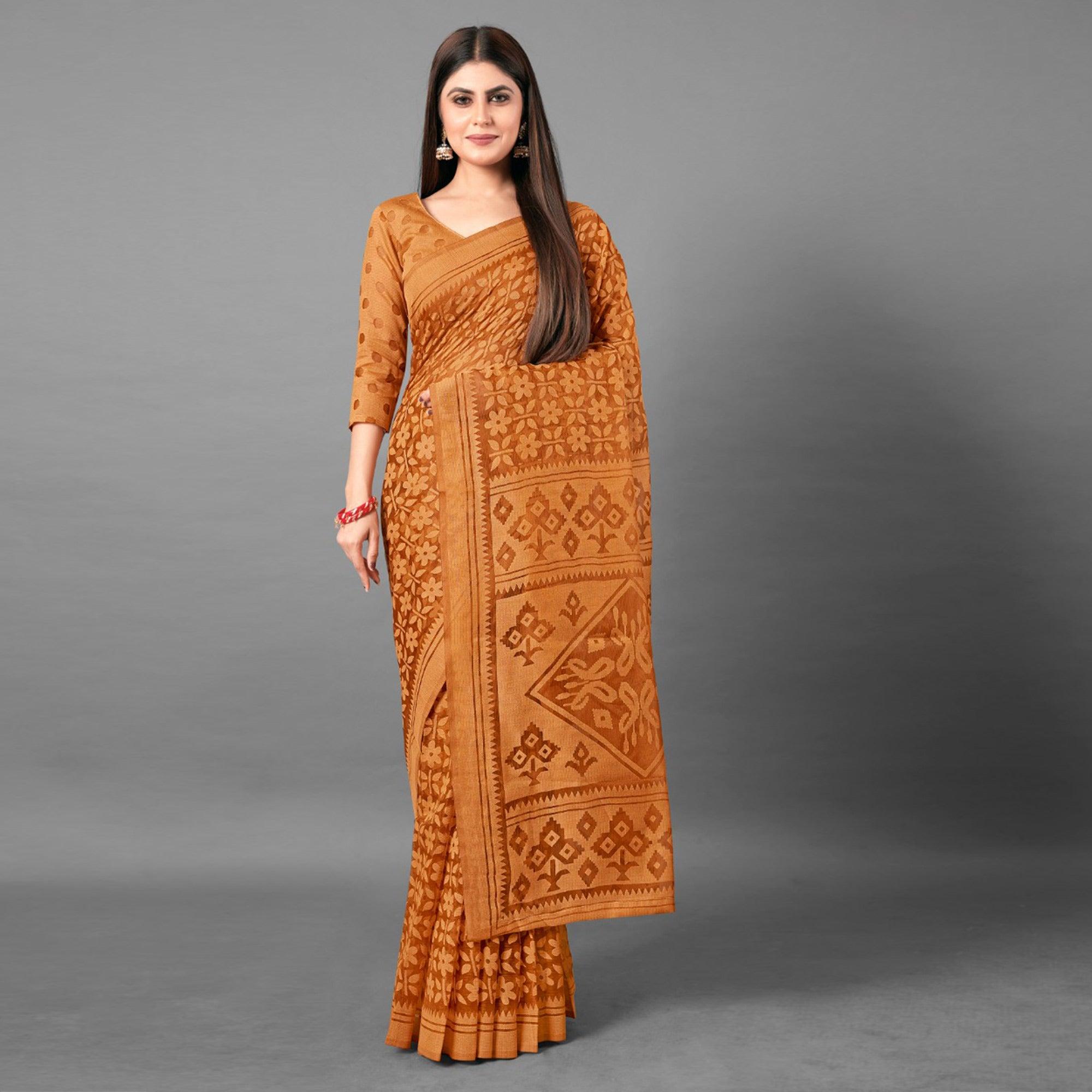 Mustard Casual Wear Floral Brasso Saree - Peachmode