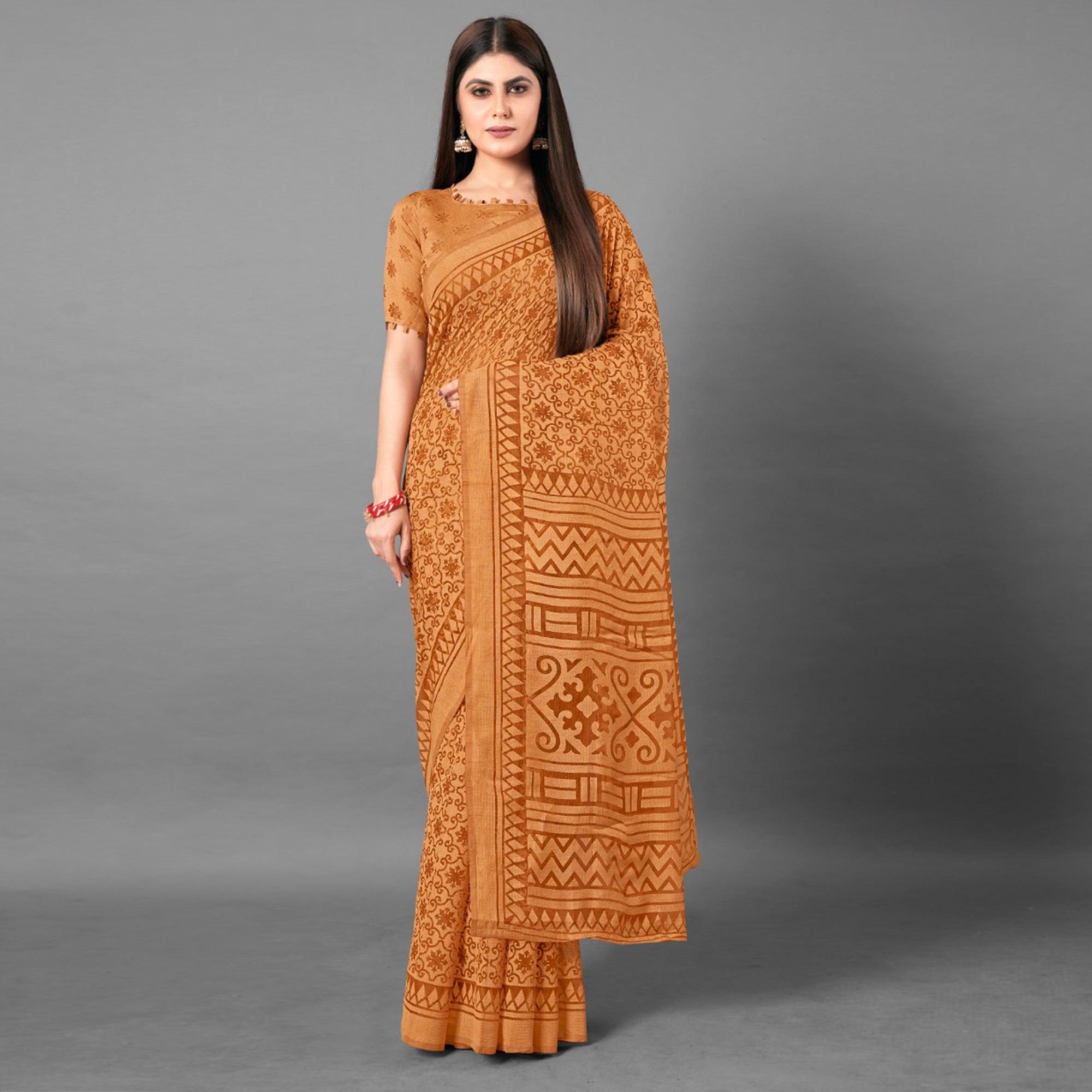 Mustard Casual Wear Floral Brasso Saree - Peachmode
