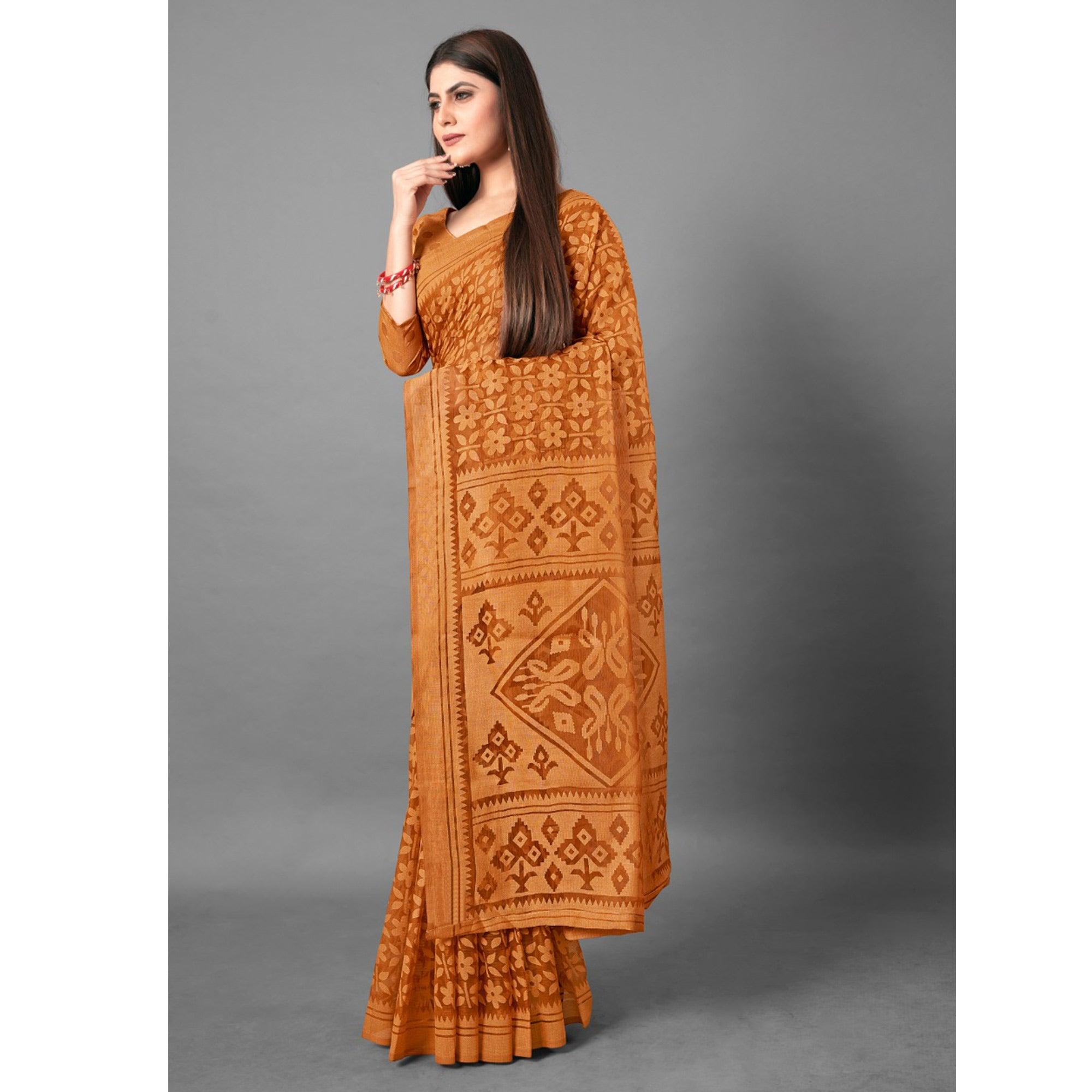 Mustard Casual Wear Floral Brasso Saree - Peachmode