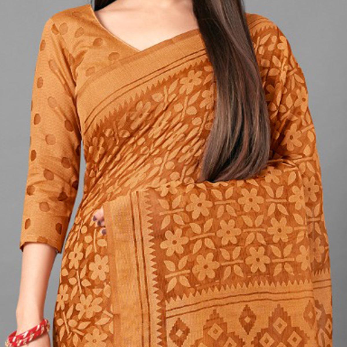 Mustard Casual Wear Floral Brasso Saree - Peachmode