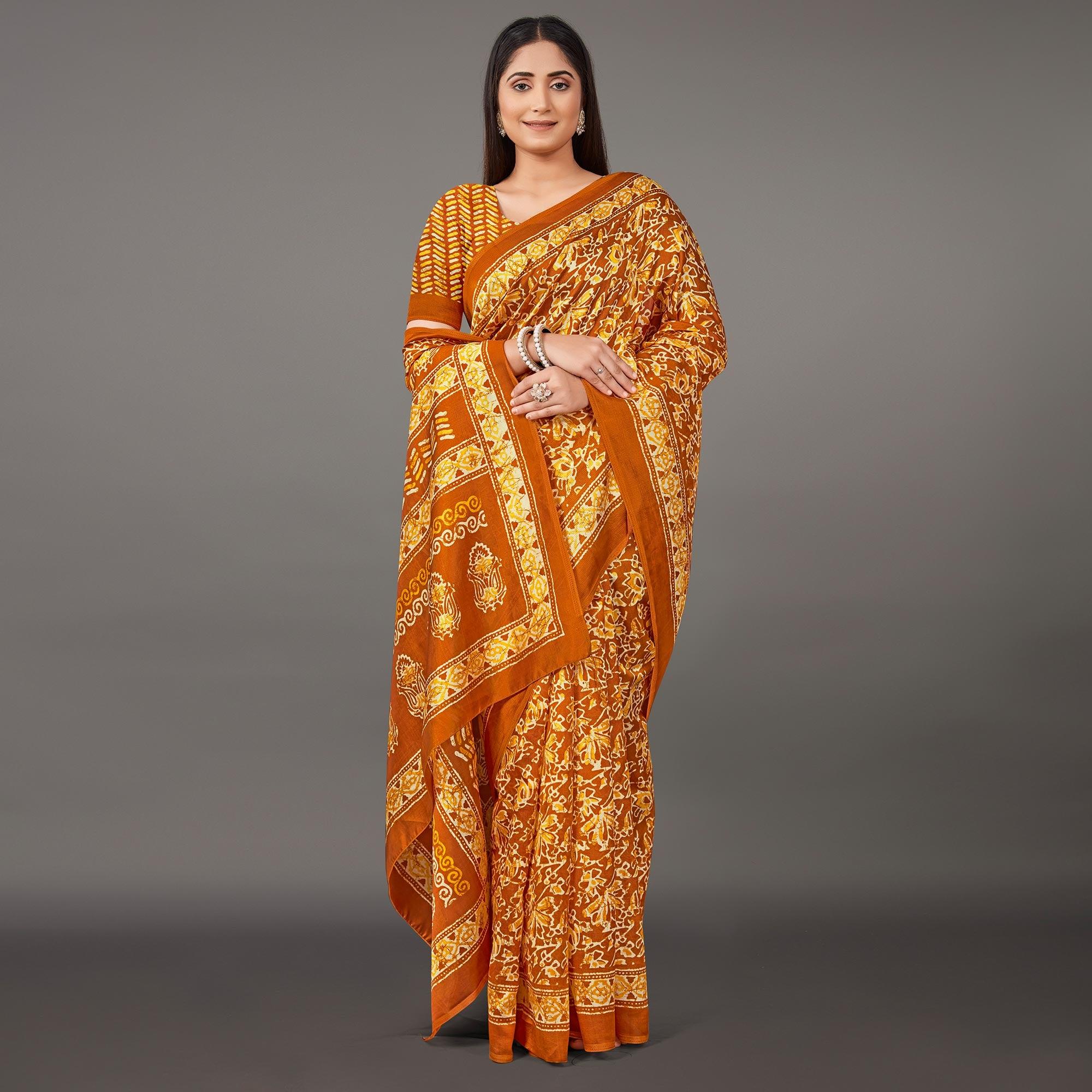 Mustard Casual Wear Floral Printed Art Silk Saree - Peachmode