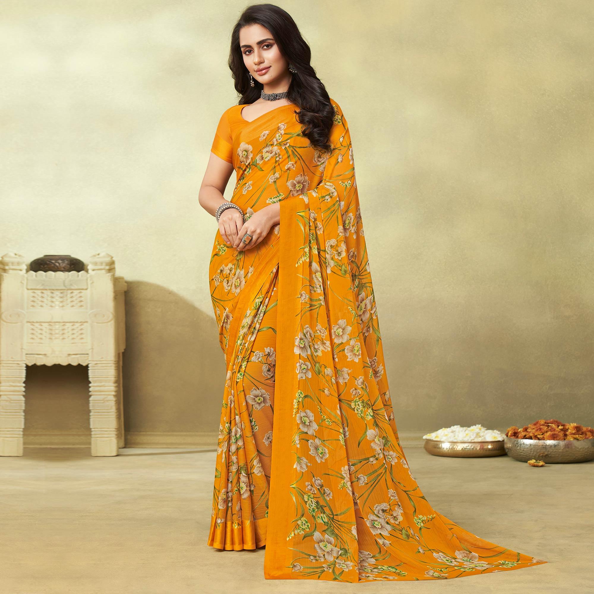Mustard Casual Wear Floral Printed Chiffon Saree - Peachmode