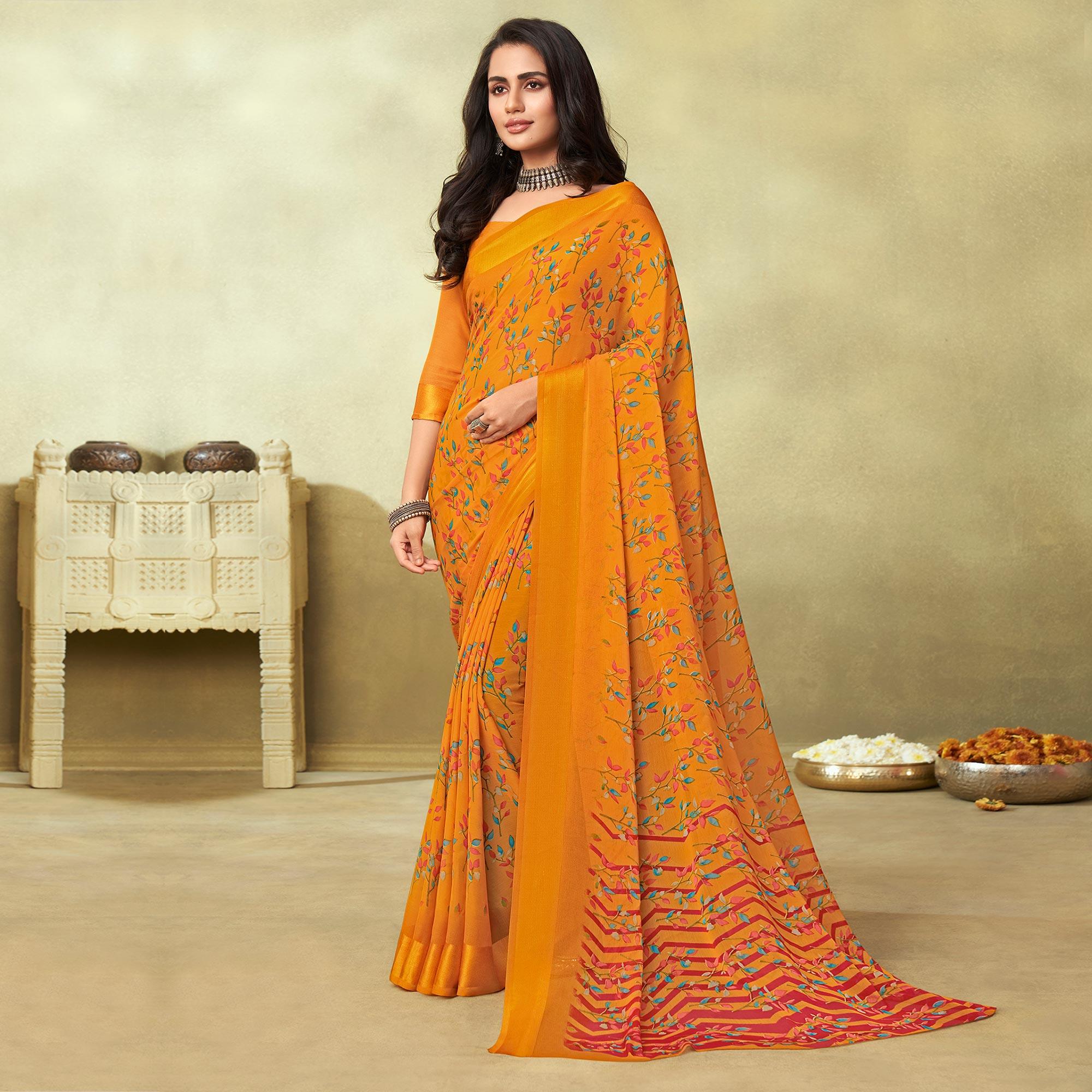 Mustard Casual Wear Floral Printed Chiffon Saree - Peachmode