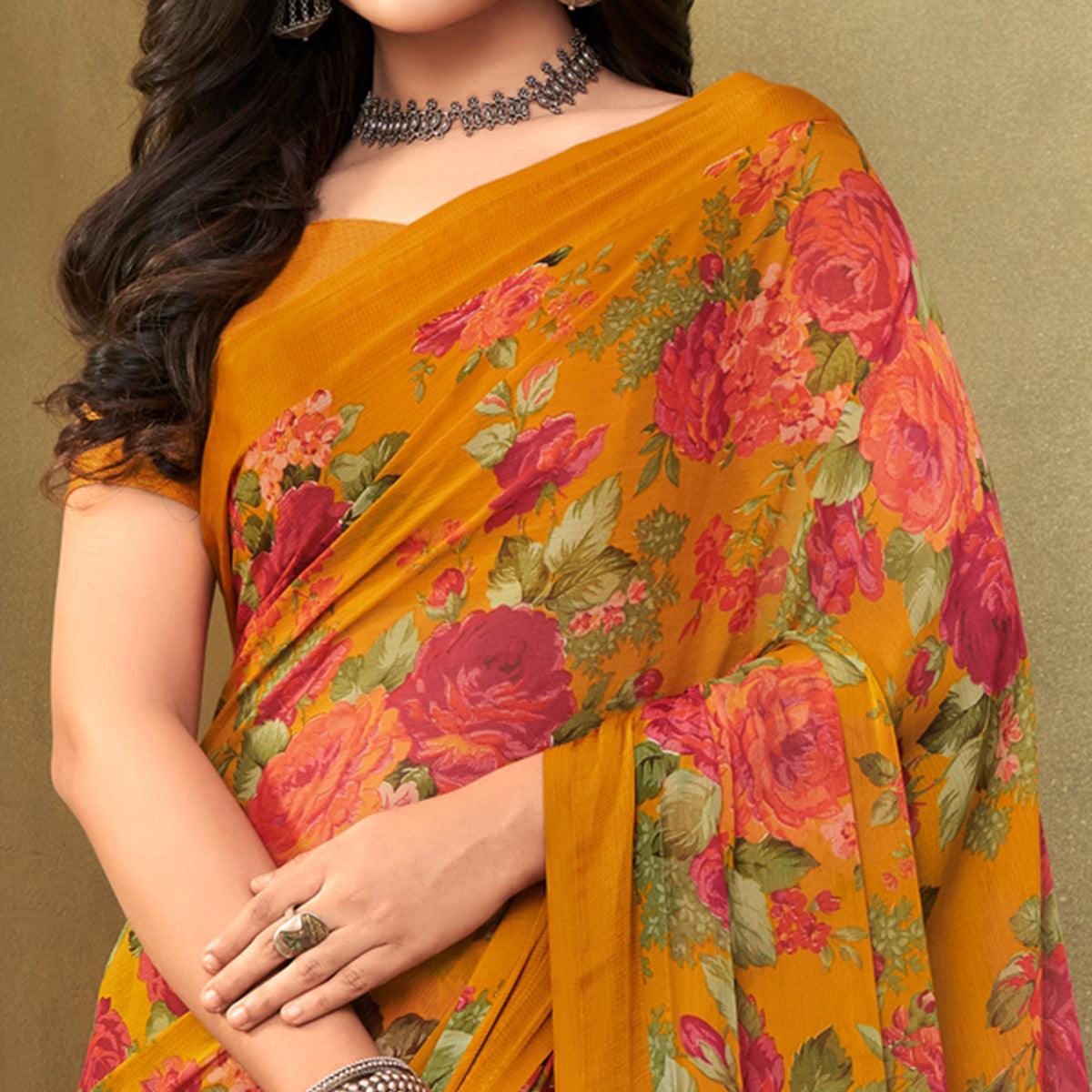 Mustard Casual Wear Floral Printed Chiffon Saree - Peachmode