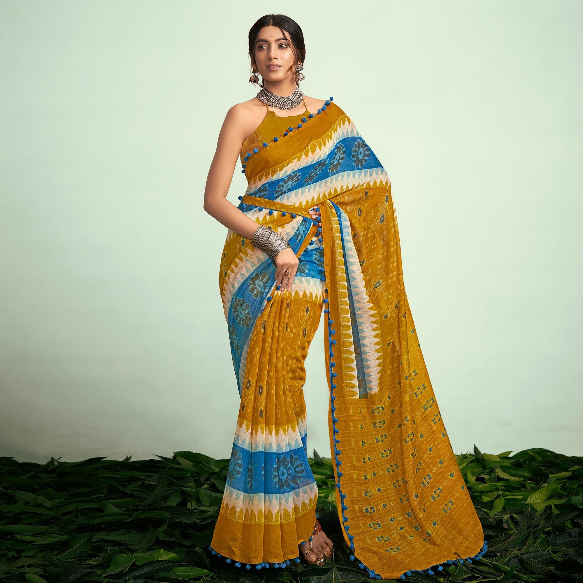 Mustard Casual Wear Floral Printed Mul Mul Cotton Saree - Peachmode