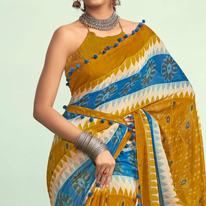 Mustard Casual Wear Floral Printed Mul Mul Cotton Saree - Peachmode