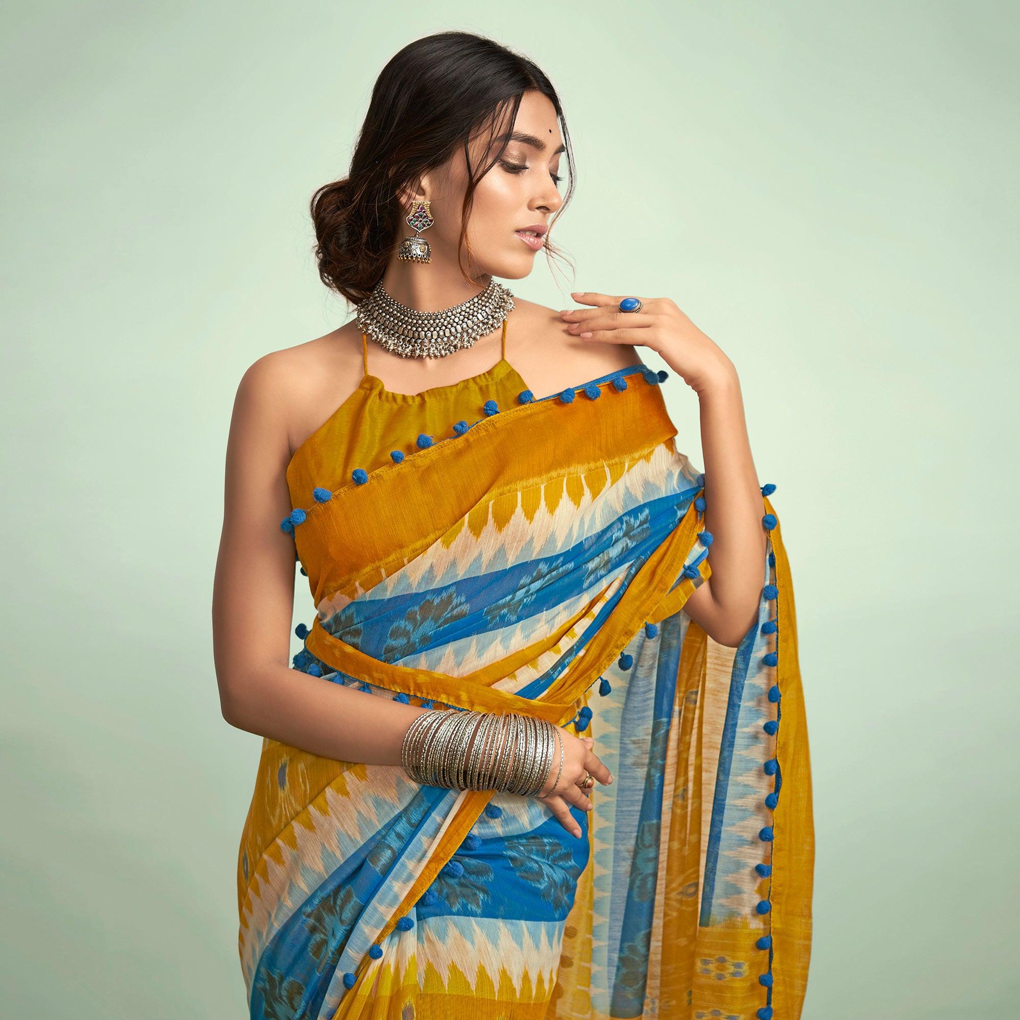 Mustard Casual Wear Floral Printed Mul Mul Cotton Saree - Peachmode