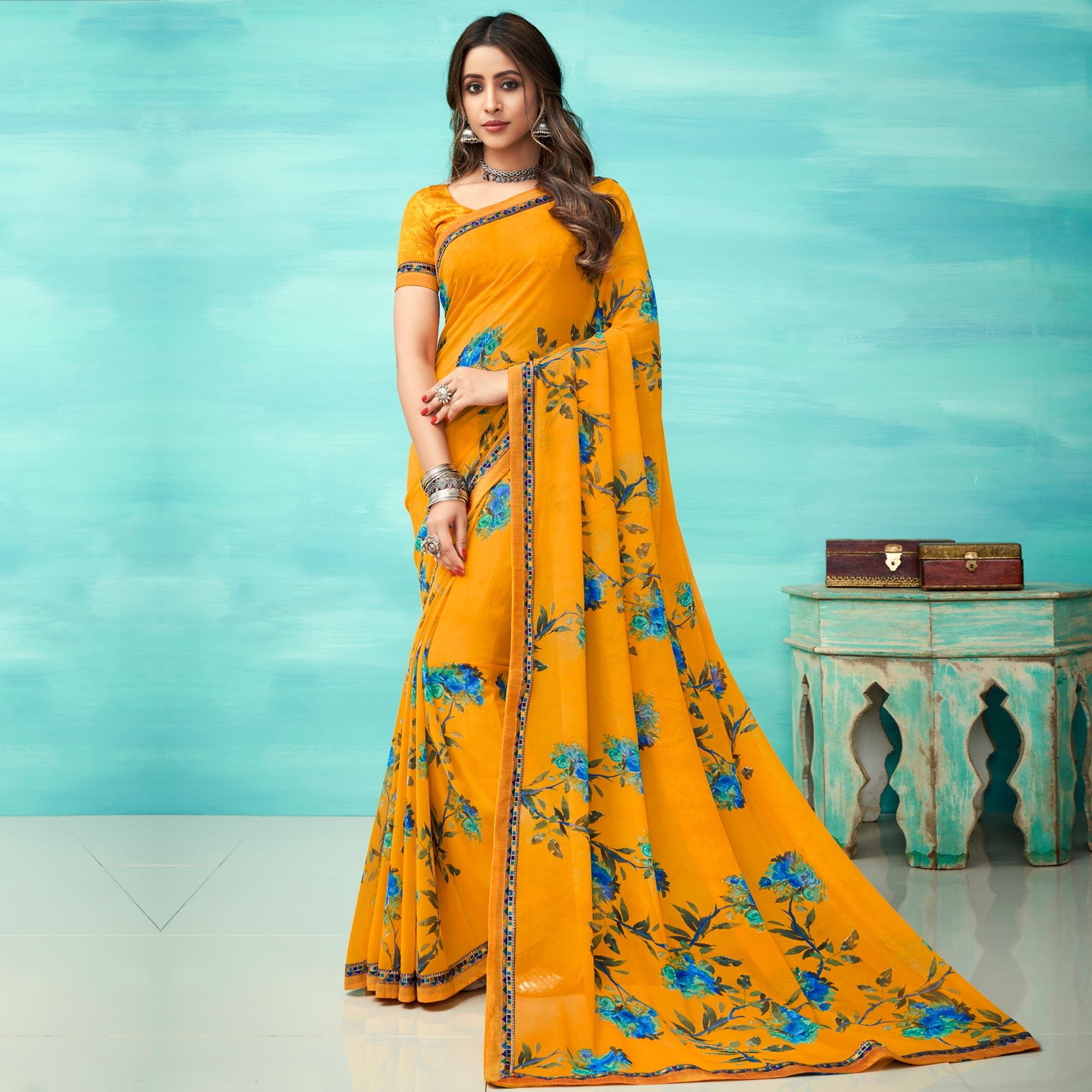 Mustard Casual Wear Floral Printed Pure Georgette Saree - Peachmode