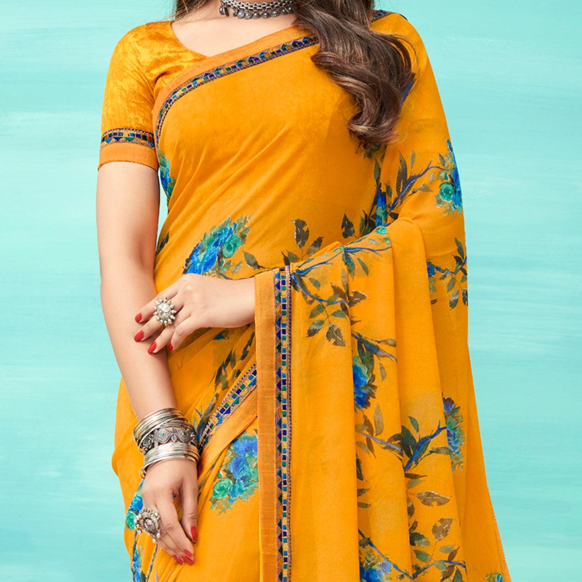 Mustard Casual Wear Floral Printed Pure Georgette Saree - Peachmode