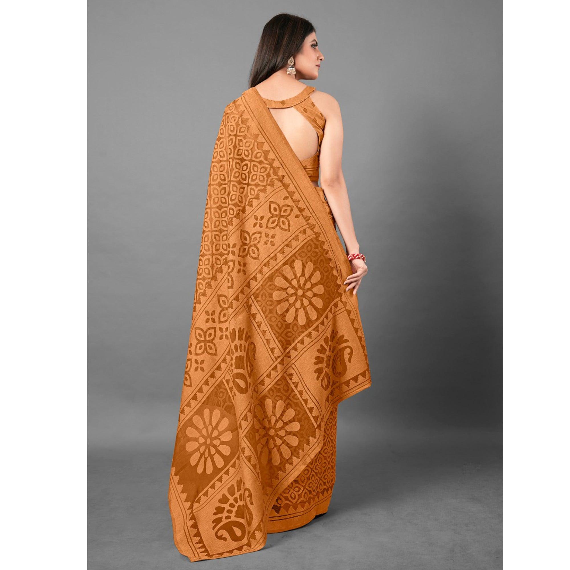 Mustard Casual Wear Flower Brasso Saree - Peachmode