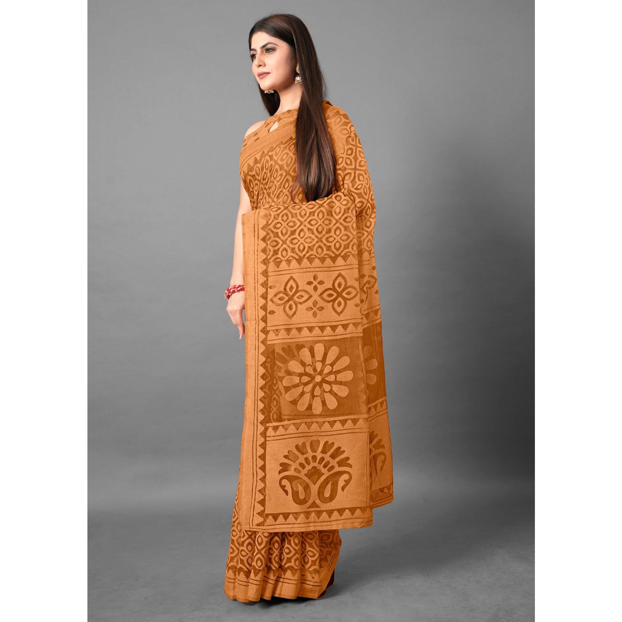 Mustard Casual Wear Flower Brasso Saree - Peachmode