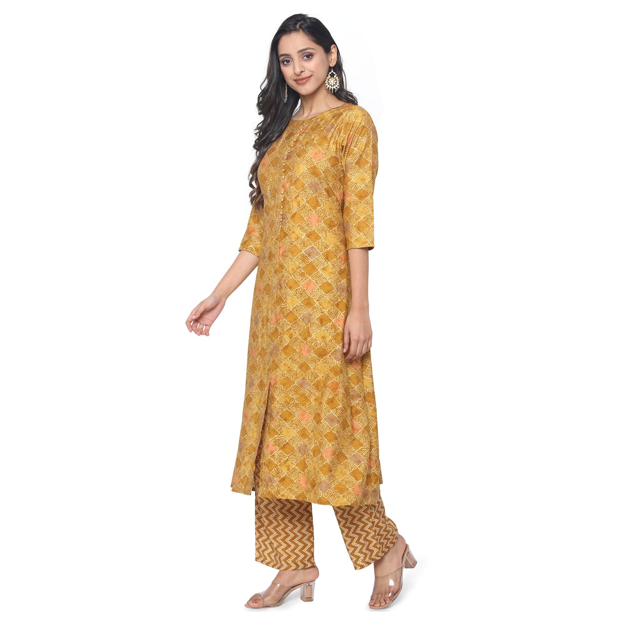 Mustard Casual Wear Foil Printed Chanderi Modal Kurti Pant Set - Peachmode