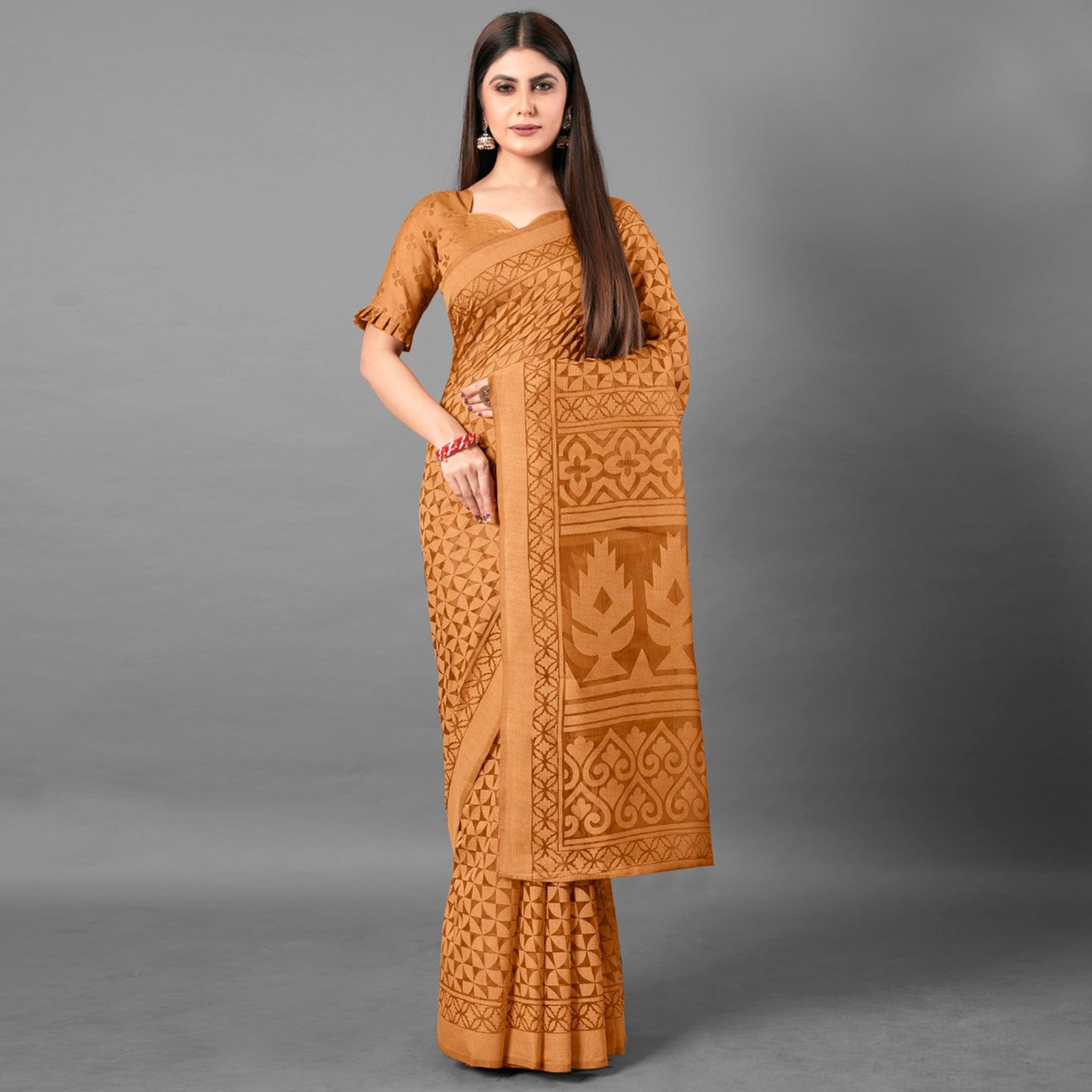 Mustard Casual Wear Geometric Brasso Saree - Peachmode